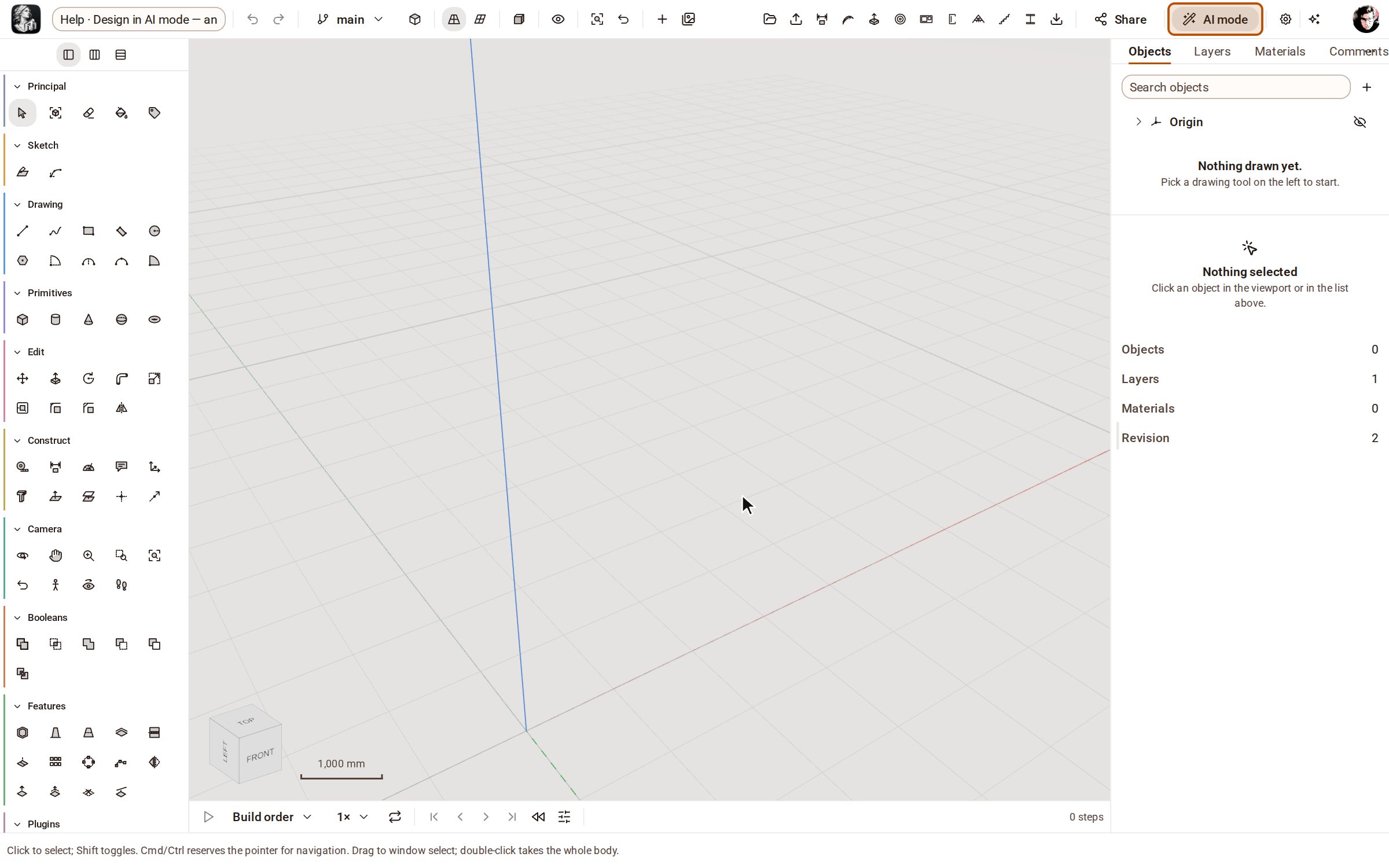 AI mode is a switch at the right of the top bar. Until you pick it, the workspace is the usual one: the rail of modelling tools on the left, the inspector on the right — you model, and the assistant helps when you open it.
