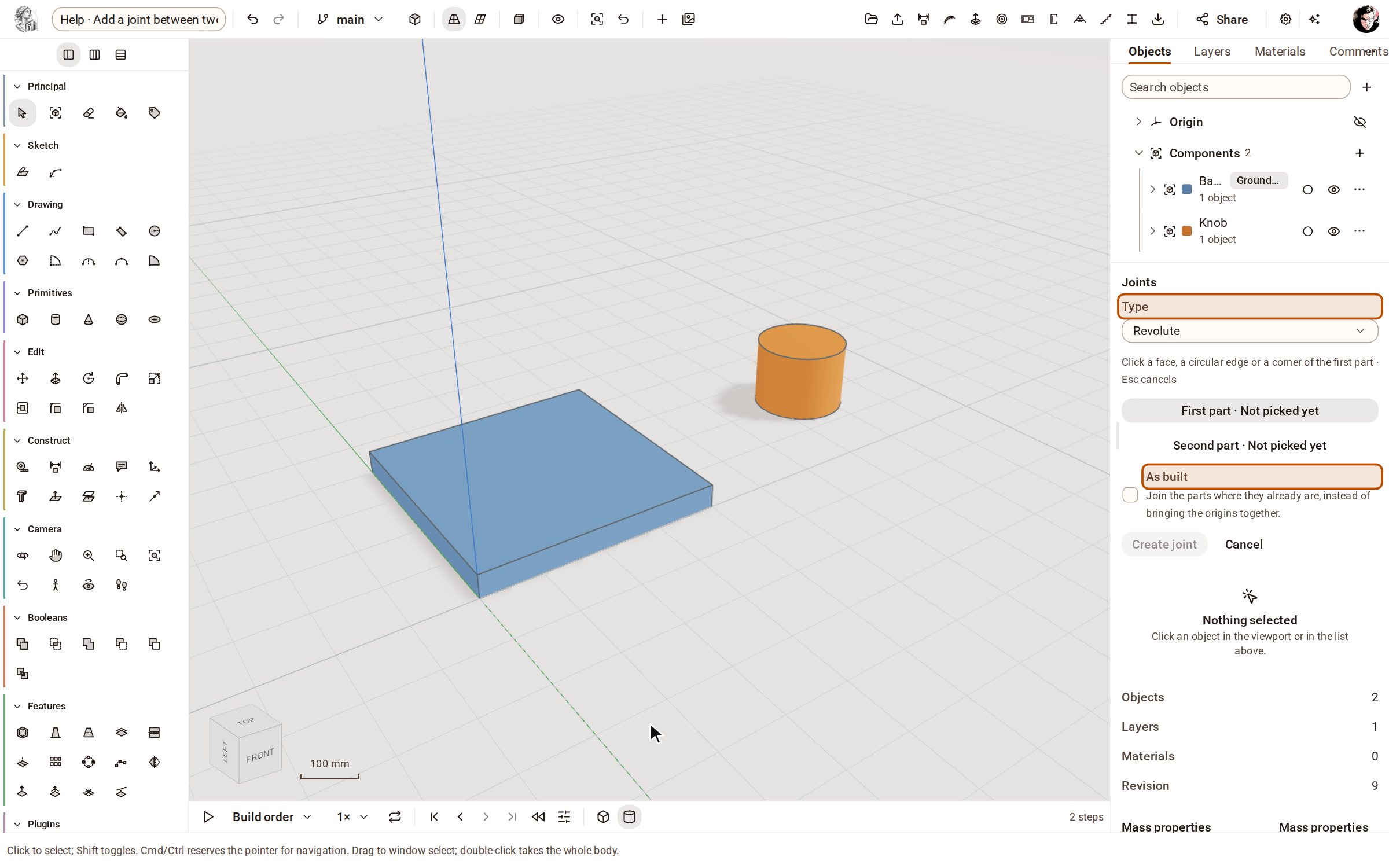 In the Objects panel, under Joints, click Add joint. The type is Revolute — a hinge that turns about the joint axis — and the panel asks for the first part. Untick As built, so the second part is brought onto the first.