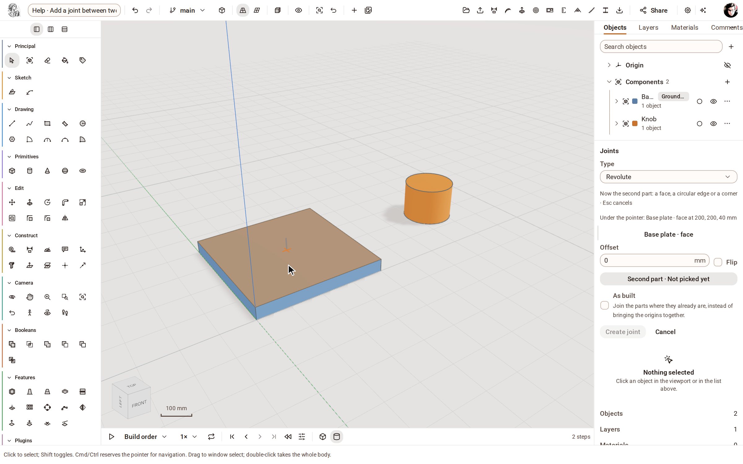 Click the top face of the base plate. Its centre becomes the first end of the joint.