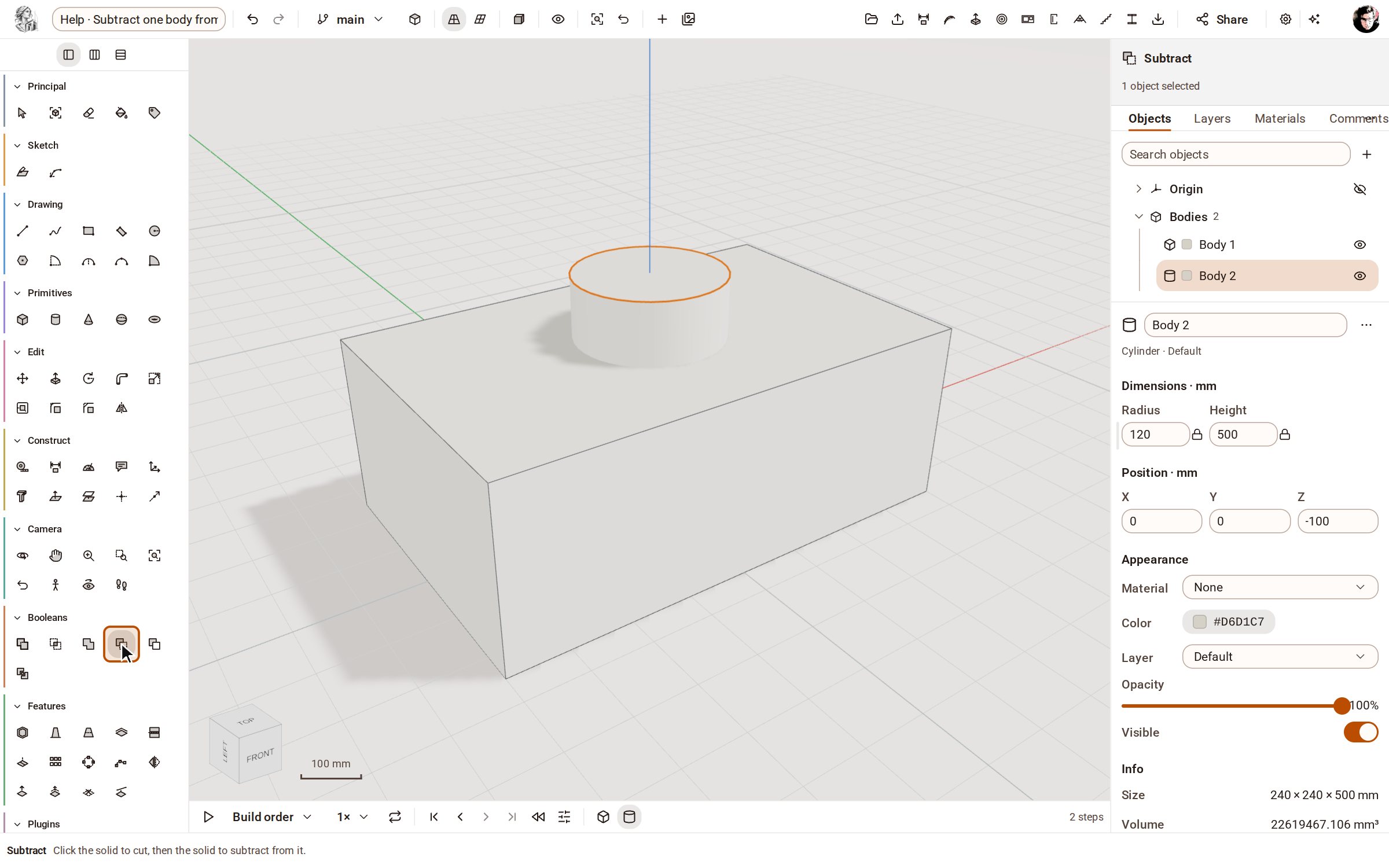 Place the two solids so they overlap — here a cylinder standing through a block. Pick Subtract in the Booleans group of the rail.