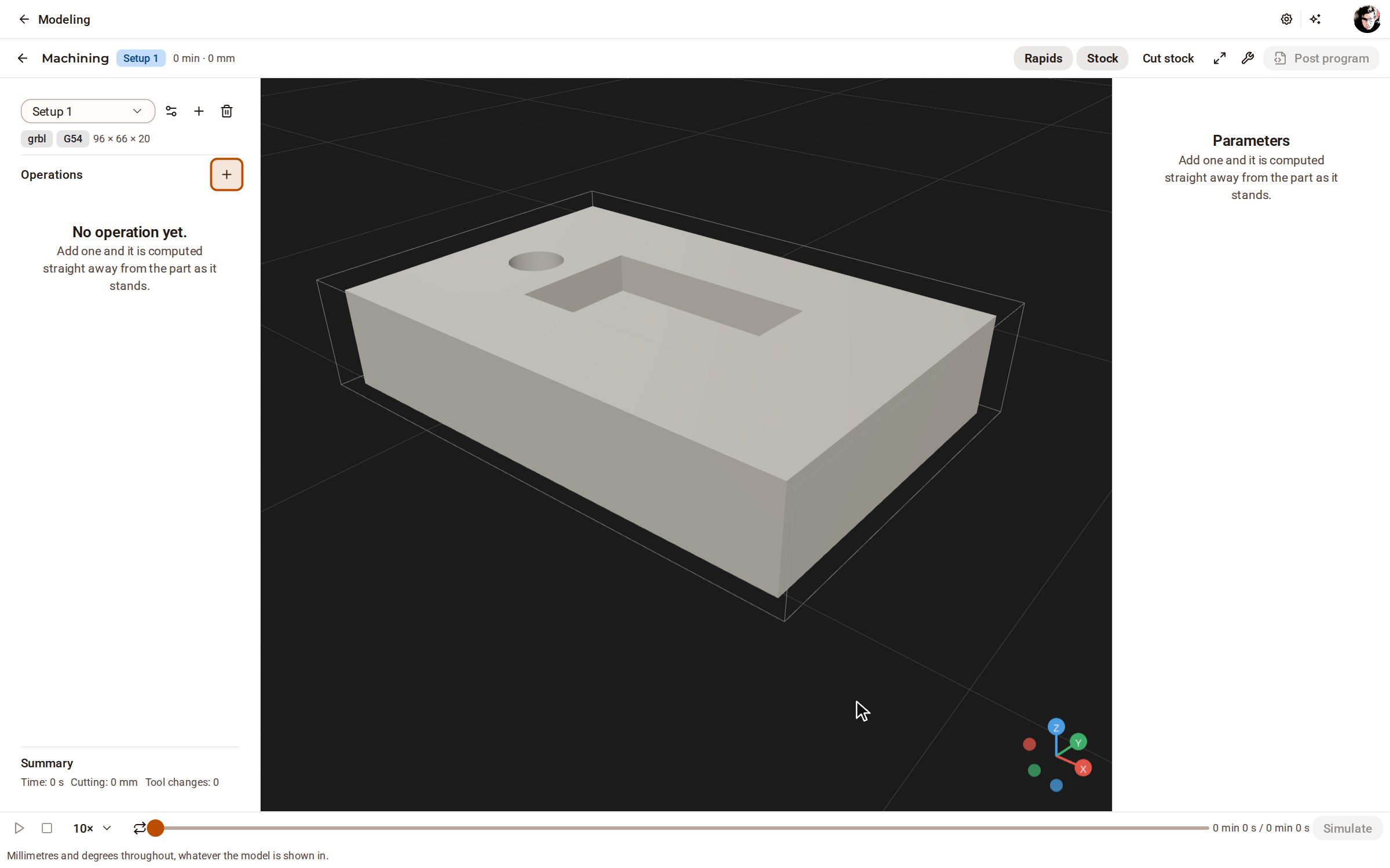 With the model open, pick Machining on the top bar. The page opens on the model's setup — its stock, work origin and post-processor — with no operation yet.