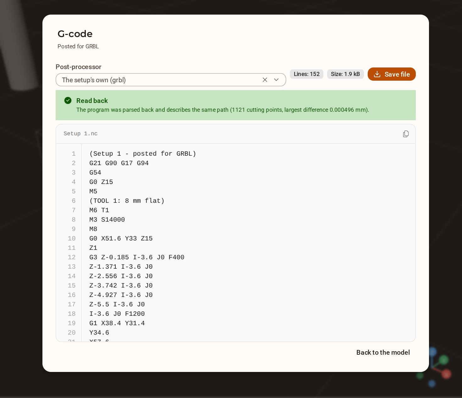 Click Post program. The G-code is written for the setup's post-processor, read back and checked against the toolpath; Save file downloads it.