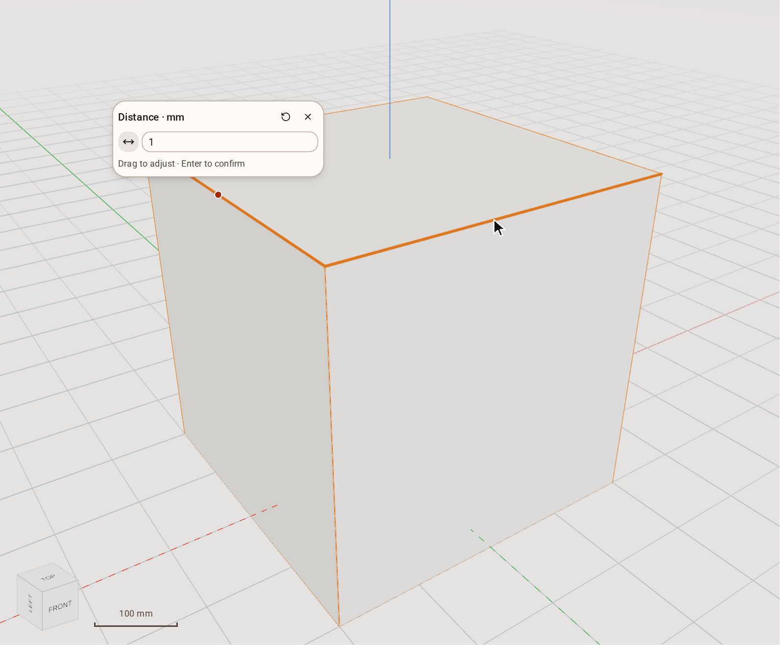 Click the edges to bevel — here the two front edges of the top face. Each picked edge lights up, and a size box opens beside the first.