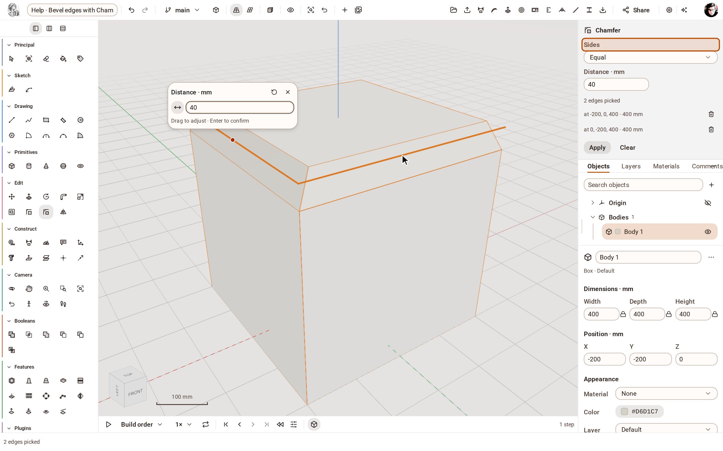 Type the distance, 40, in the size box. Sides in the tray says how the bevel is measured: Equal, Two distances, or Distance and angle.