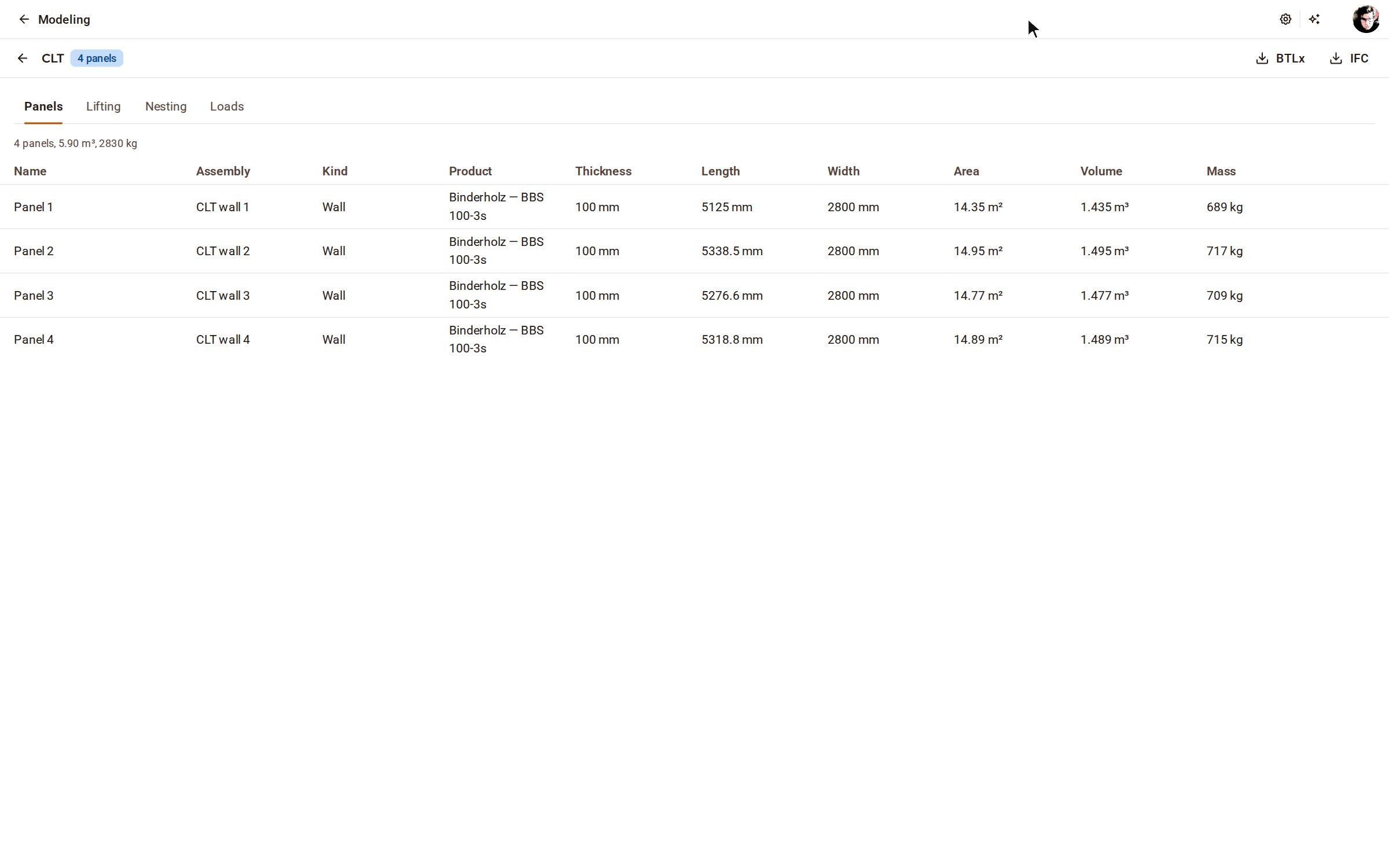 Open CLT panels on the top bar. Panels lists every panel with its product, size, area, volume and mass.