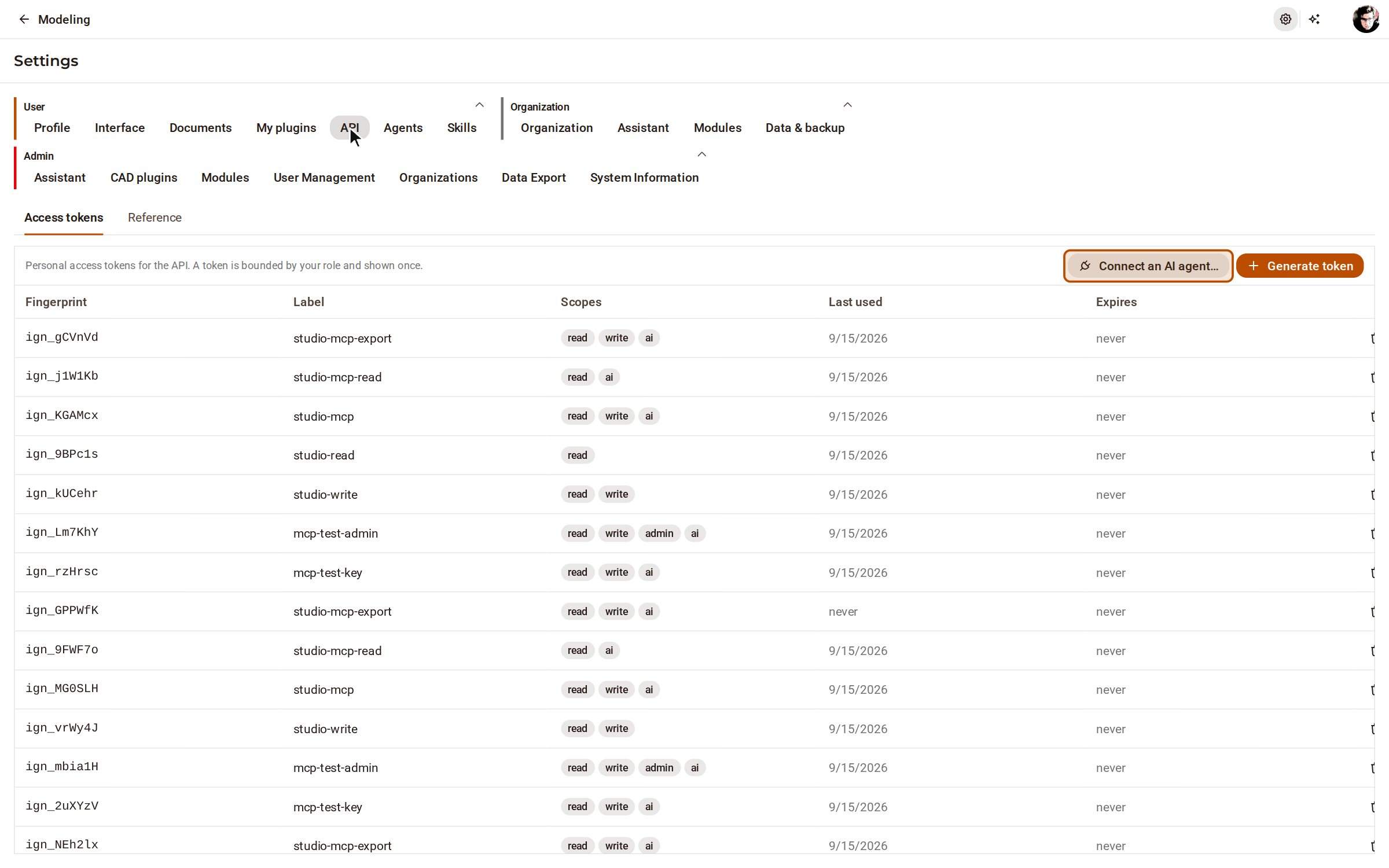 Open Settings with the gear at the top right, and choose API under User. Click Connect an AI agent….