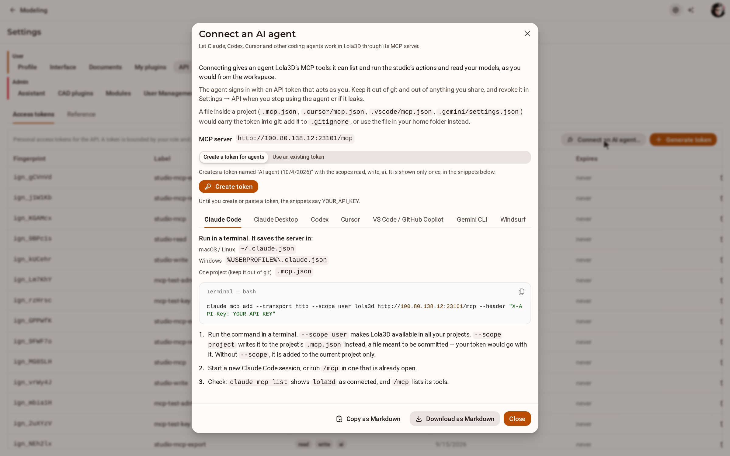 The dialog shows this server's MCP address. Choose Create a token for agents and click Create token — the token is shown only once, written into the snippets below. If you already have a token with the ai scope, choose Use an existing token and paste it instead. The Claude Code tab is open: run its command in a terminal, start a new session, then check that claude mcp list shows kozorosa.