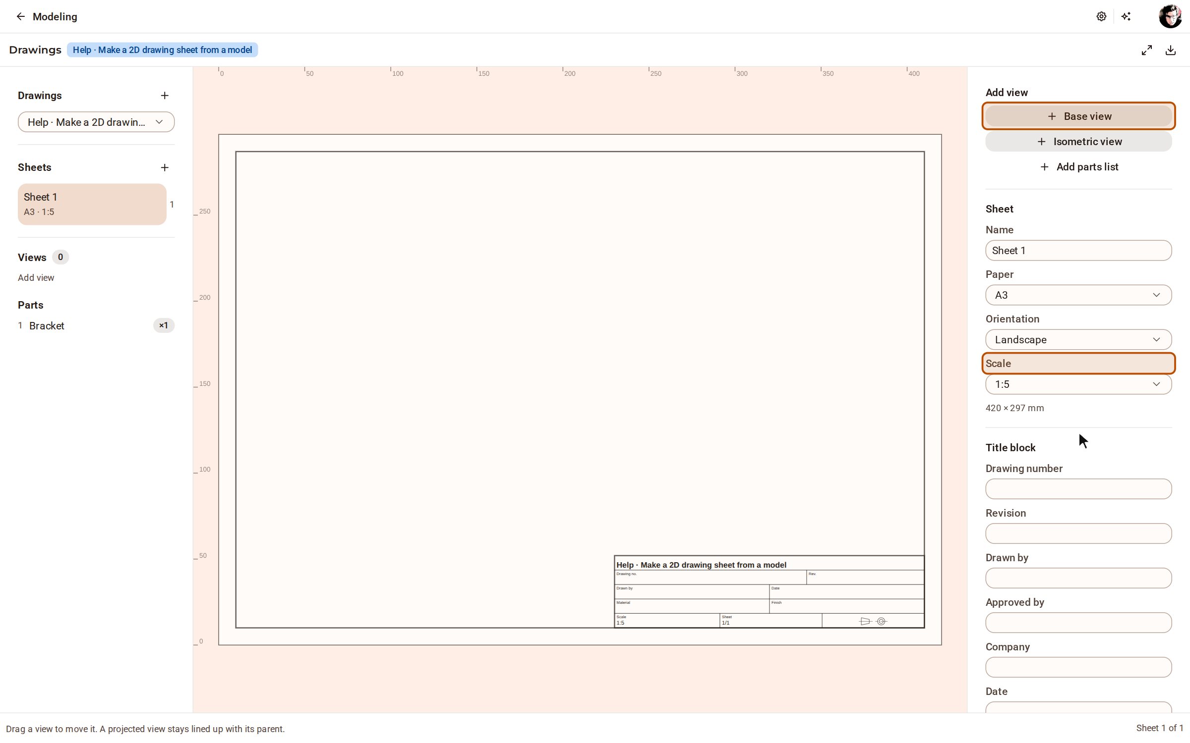Click New drawing. You get an A3 sheet with a title block, and the panel on the right lists the views you can add and the sheet's settings. This part is 300 mm long, so set Scale to 1:5.