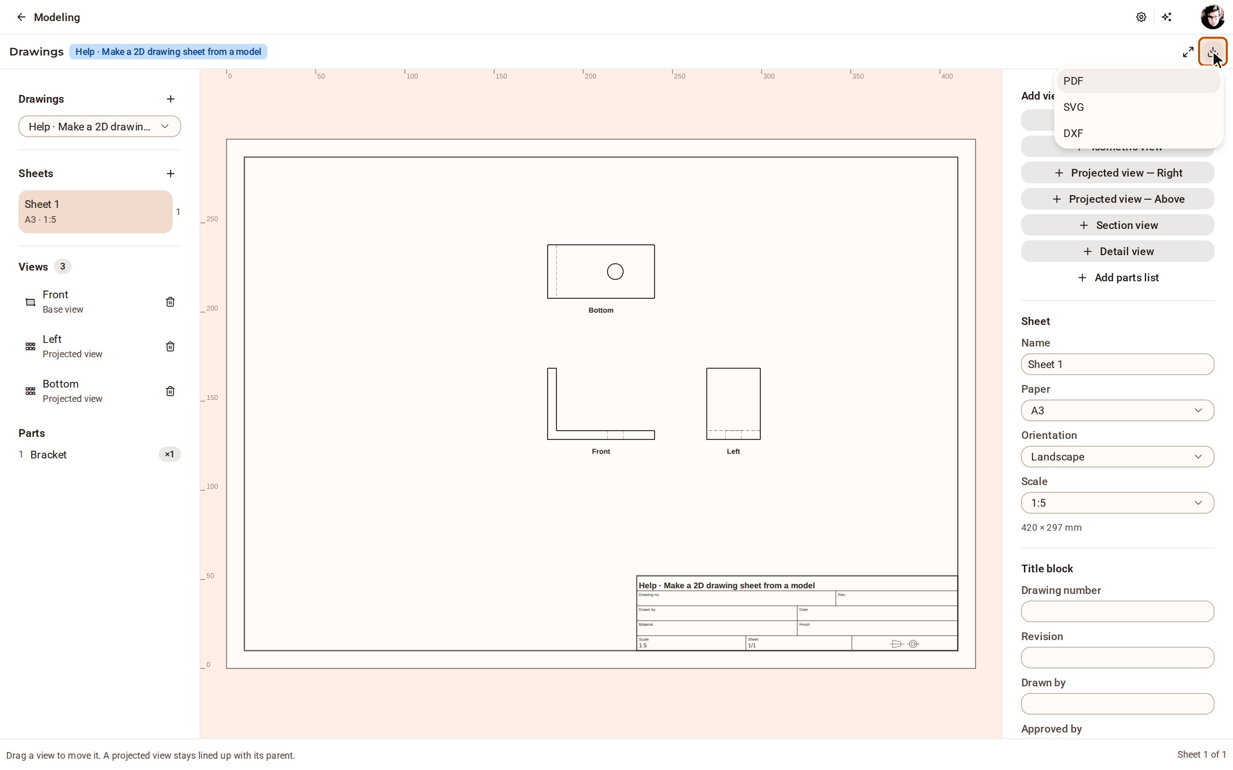 Open Export at the top right and choose PDF, SVG or DXF. PDF writes every sheet; SVG and DXF write the sheet on screen.