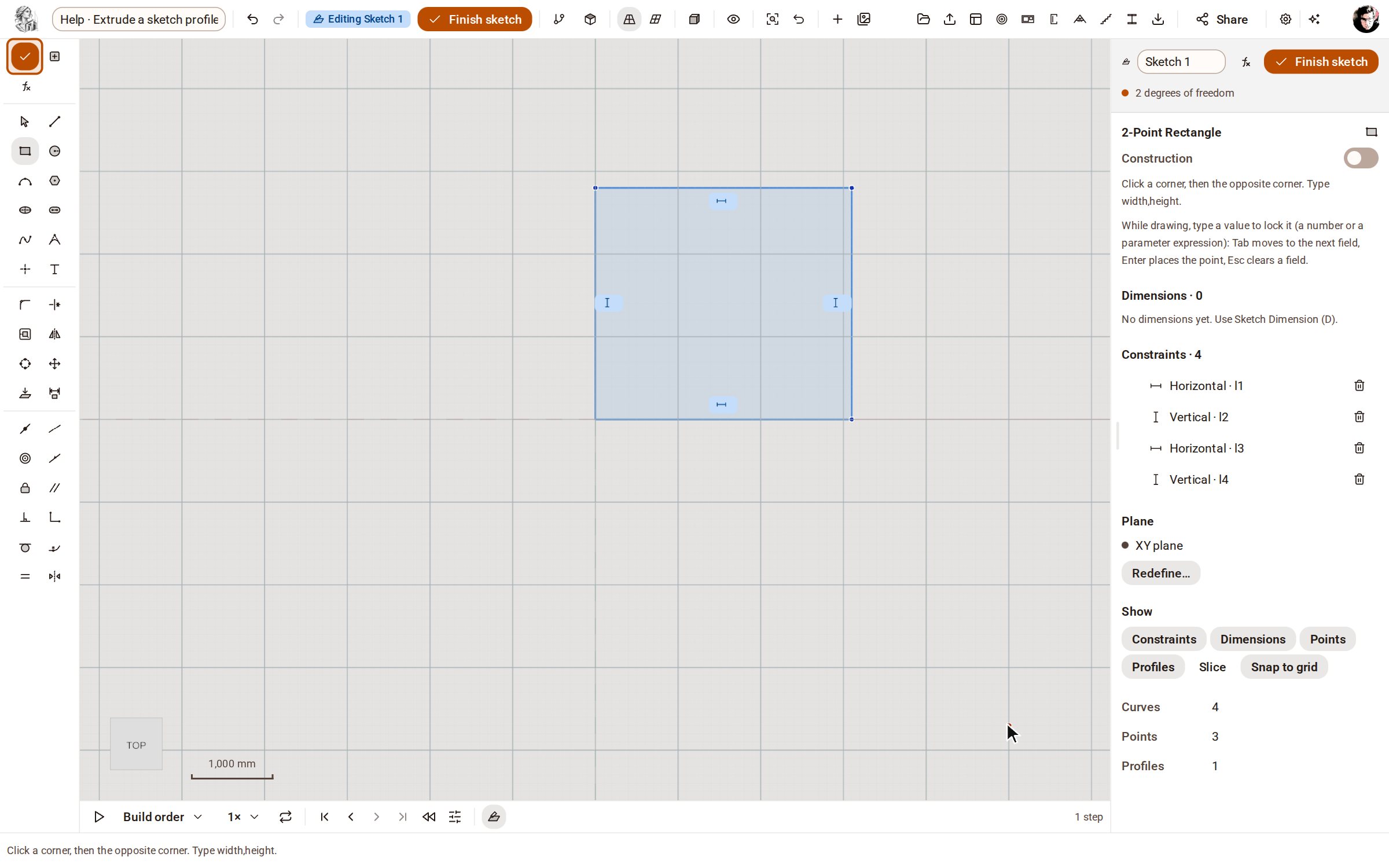 Draw a closed outline in a sketch — here a 2-Point Rectangle on the XY plane (see Create a sketch and constrain it). Then click Finish sketch.