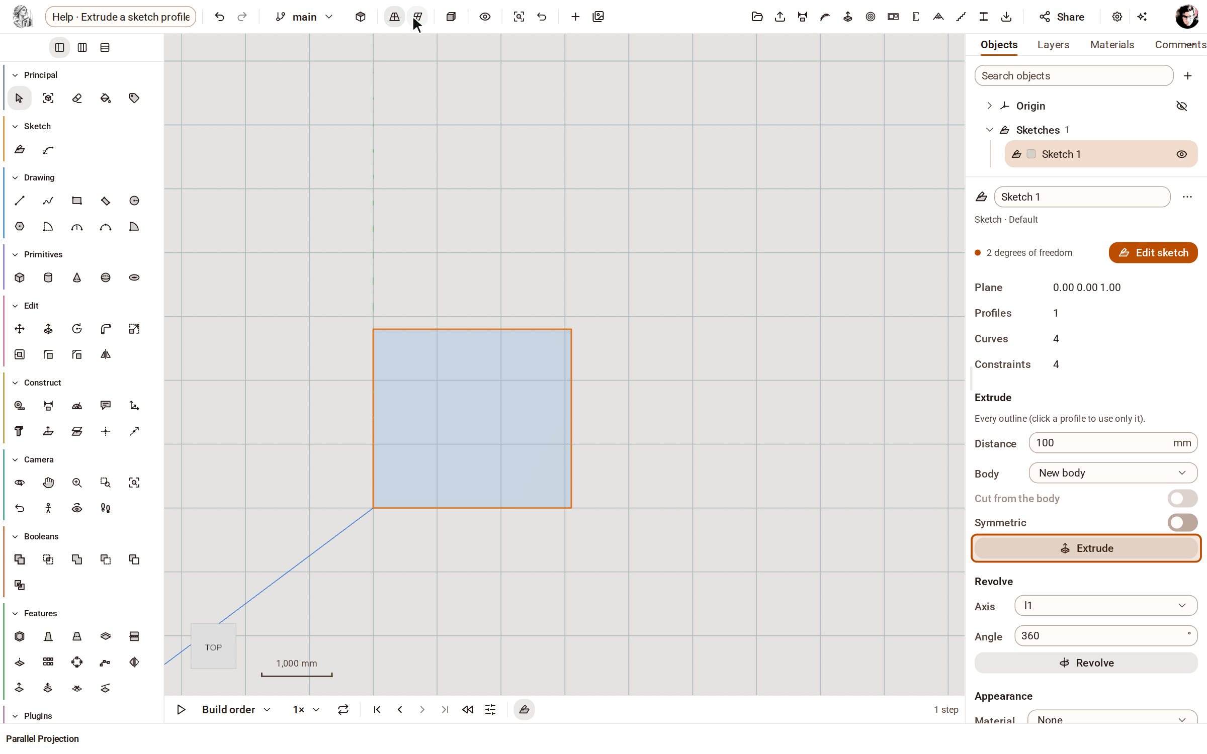 The finished sketch stays selected, and the inspector shows its Extrude panel. It extrudes every outline unless you click one profile first.
