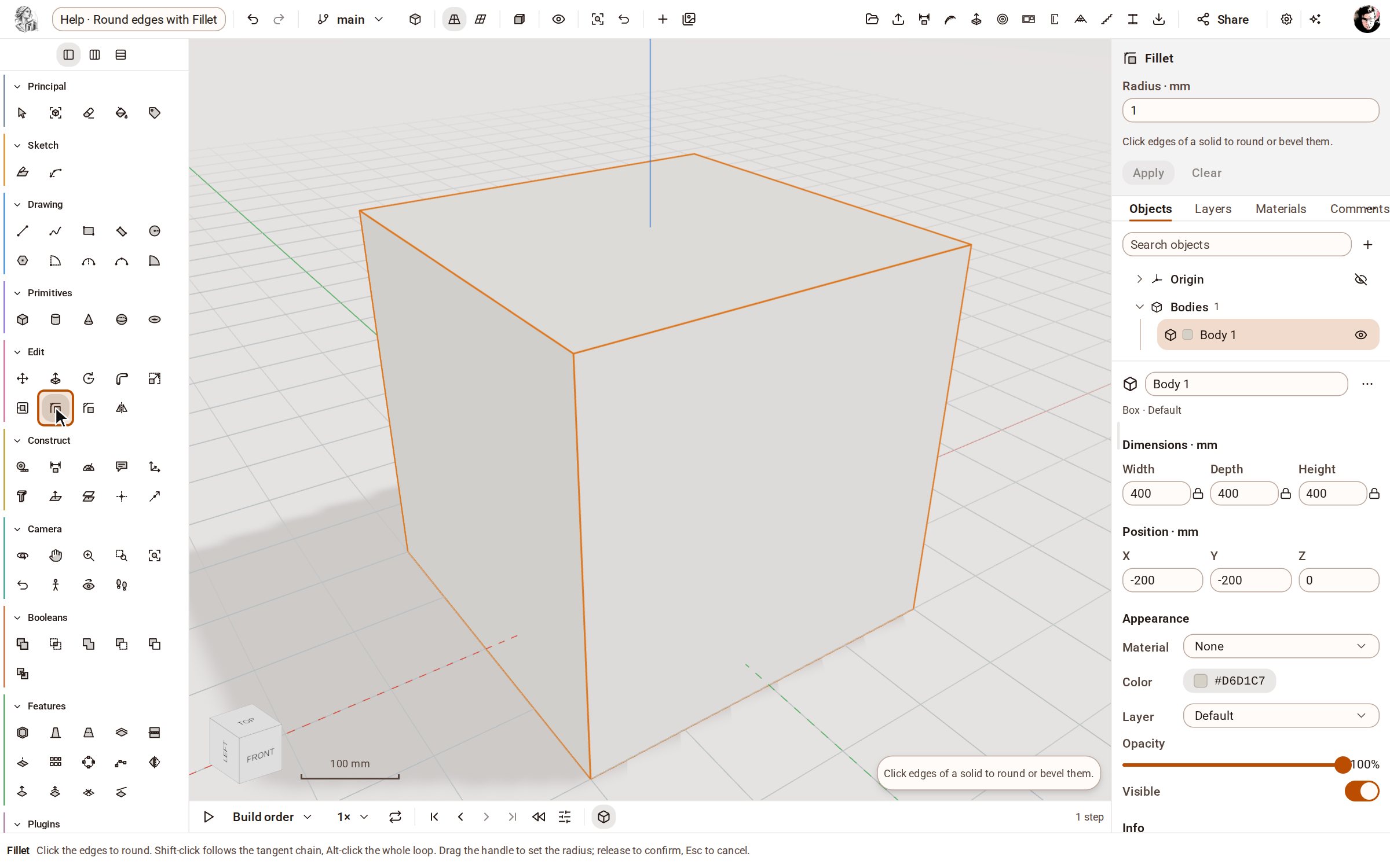Choisissez Fillet dans le groupe Edit de la barre d’outils.