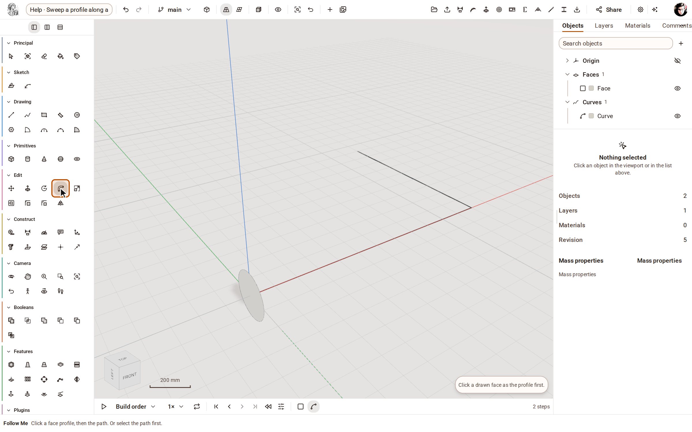 Draw the profile as a face standing across the start of the path — here a circle at the end of an L-shaped line. Then pick Follow Me on the rail.