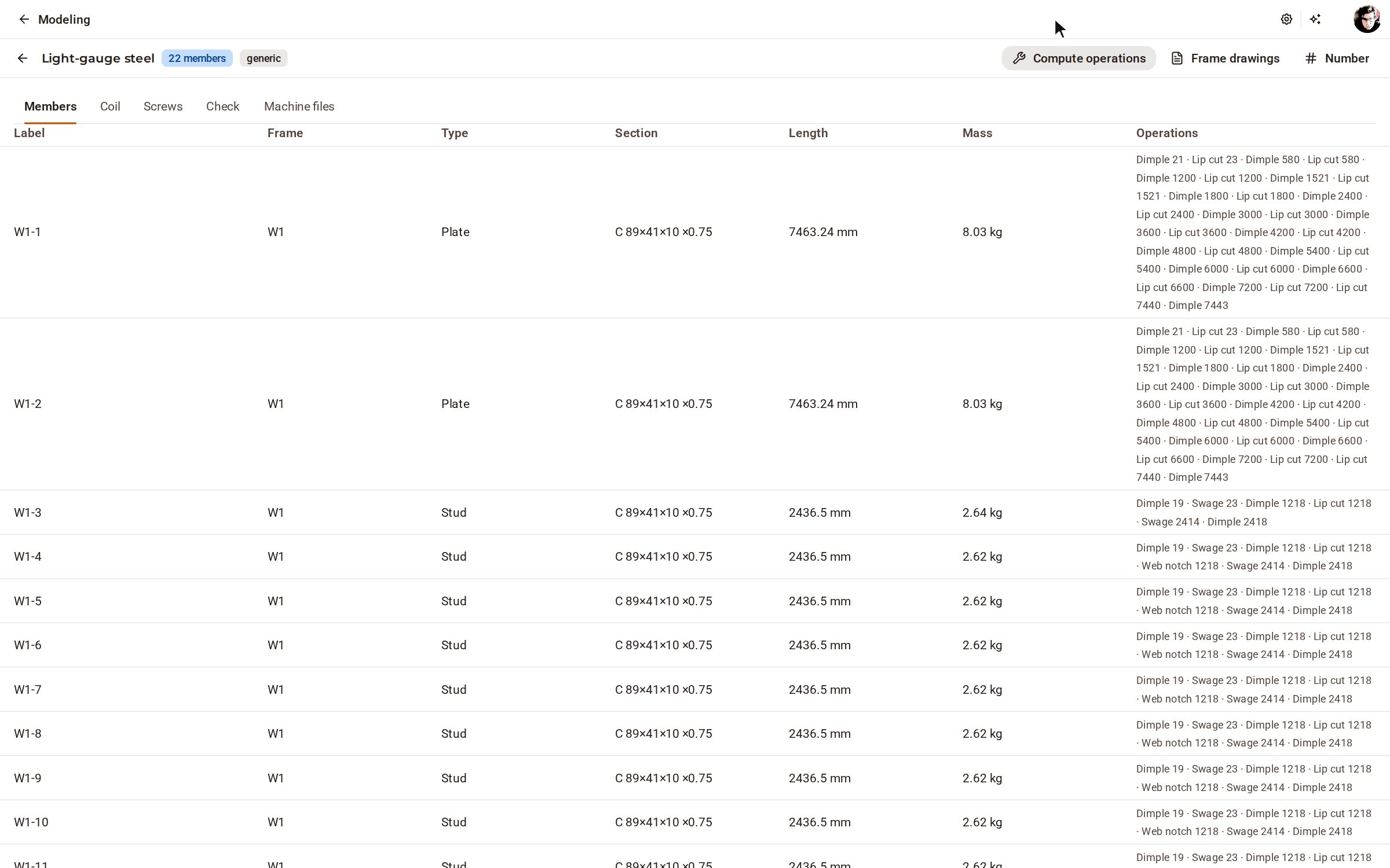 Open LGS lists on the top bar. Members lists every member with its label, section, length and operations; Check confirms every intersection is connected, and Machine files writes the roll-former's file for each frame.