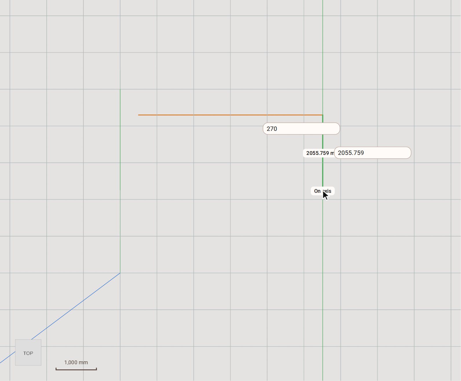 Click where the first edge starts, then click its other end. Each click starts the next edge from where the last one ended, and the pointer snaps to the red and green axis directions.