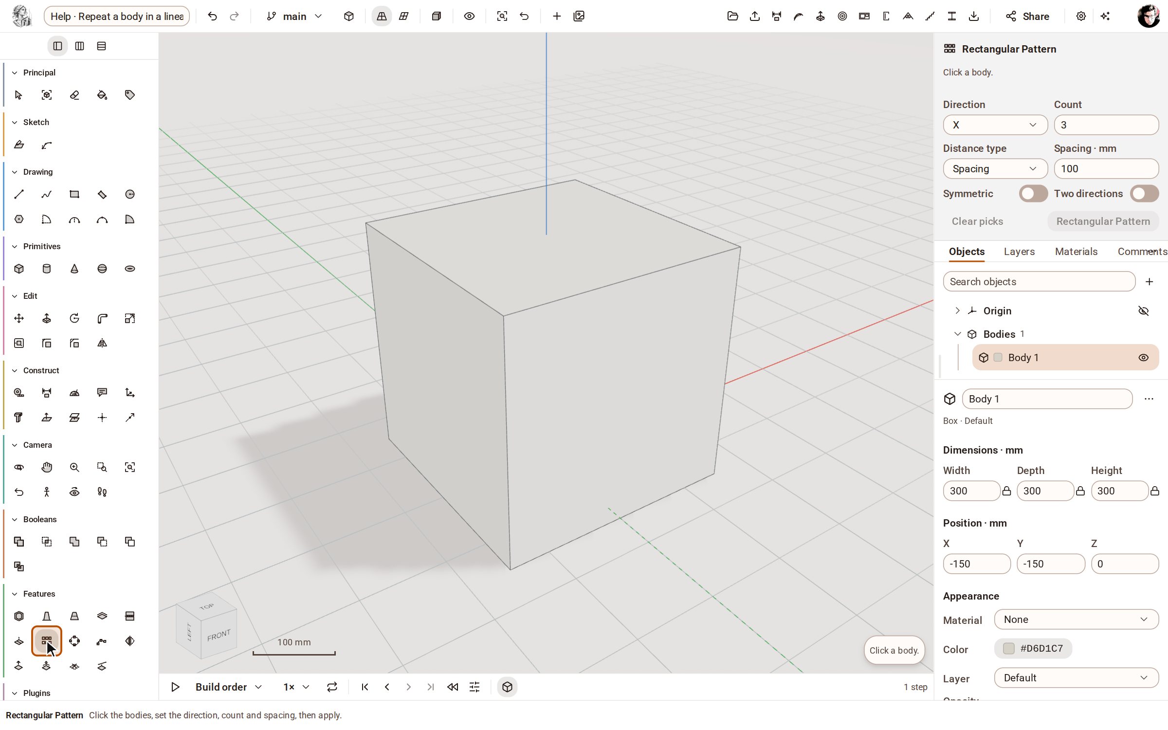Pick Rectangular Pattern in the Features group of the rail.