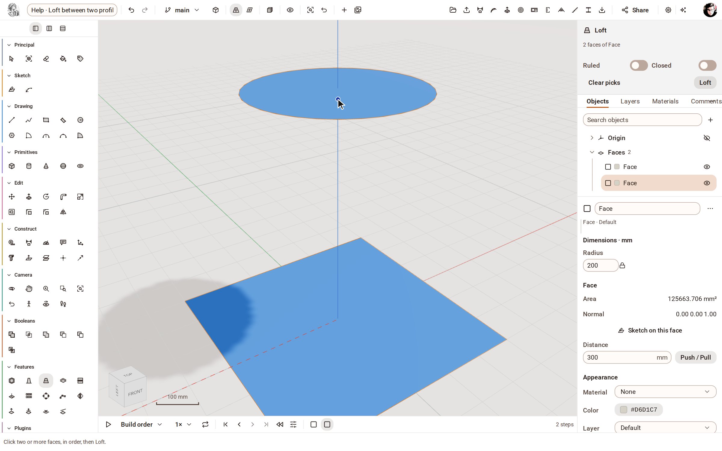 Click the faces in order: the square, then the circle. The tray lists them as the loft's sections.