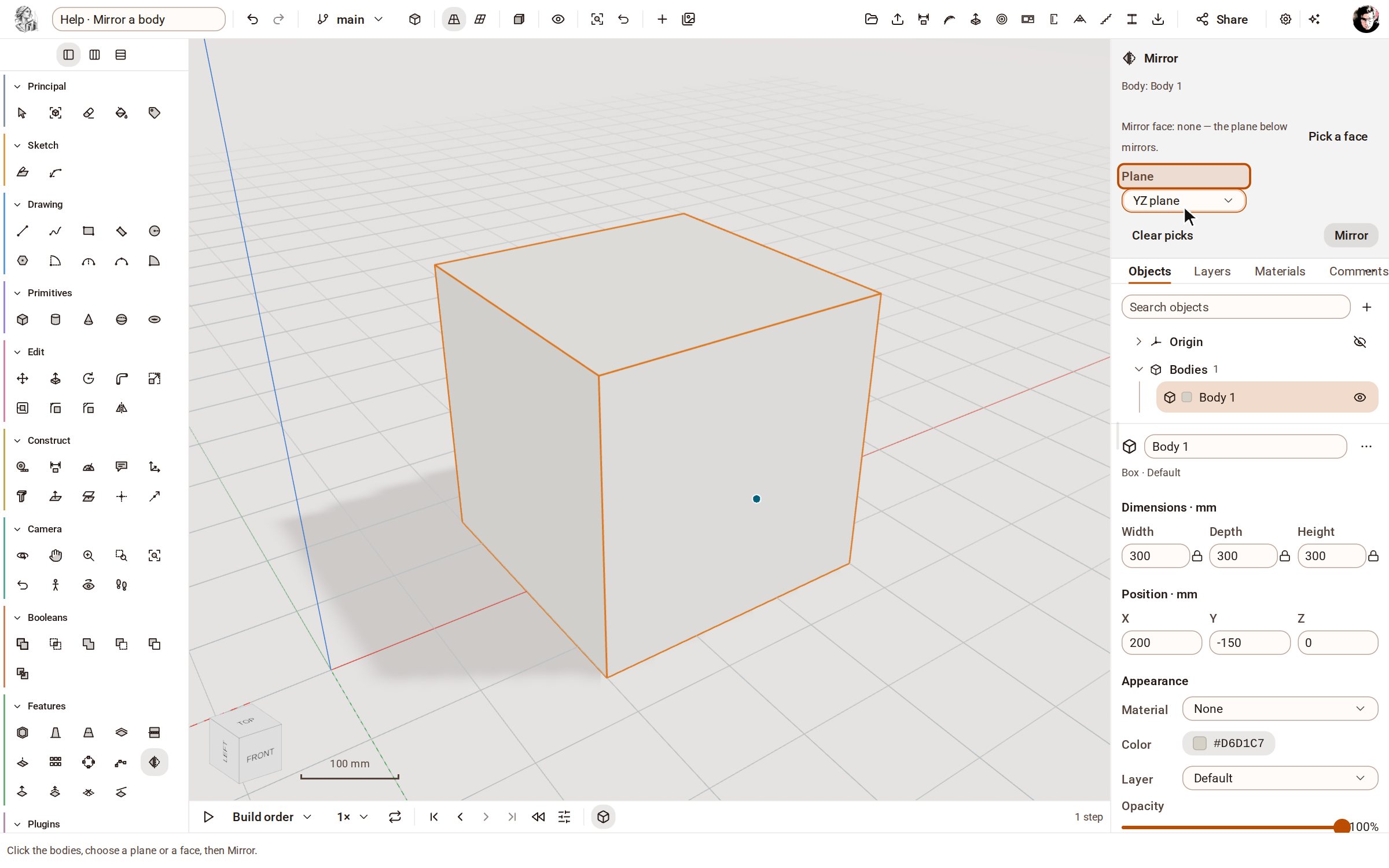 Click the body to mirror. In the tray, choose the Plane to reflect it across — here the YZ plane, which passes through the origin.