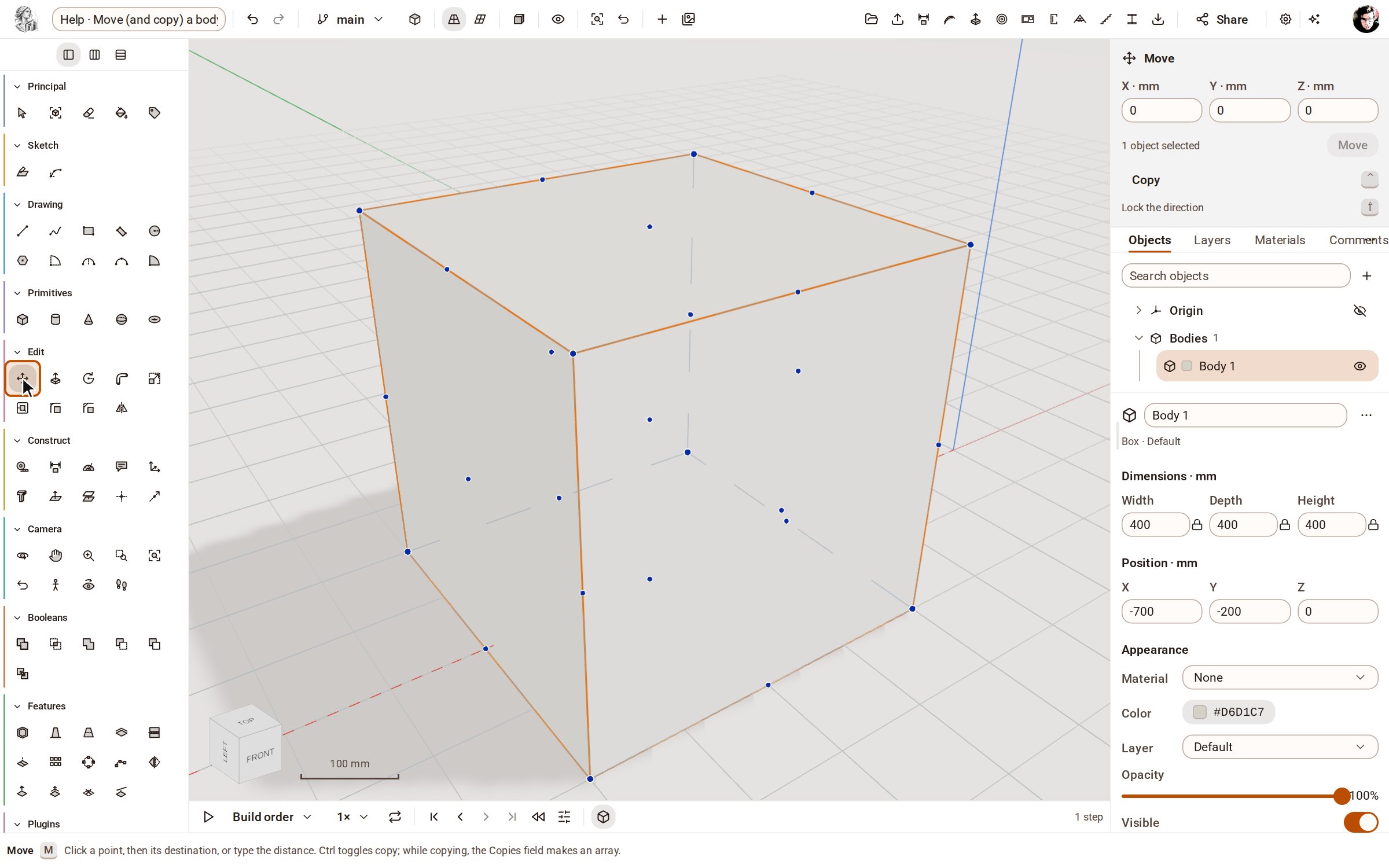 With Select, double-click the box to select the whole body. Then pick Move on the rail, or press M.