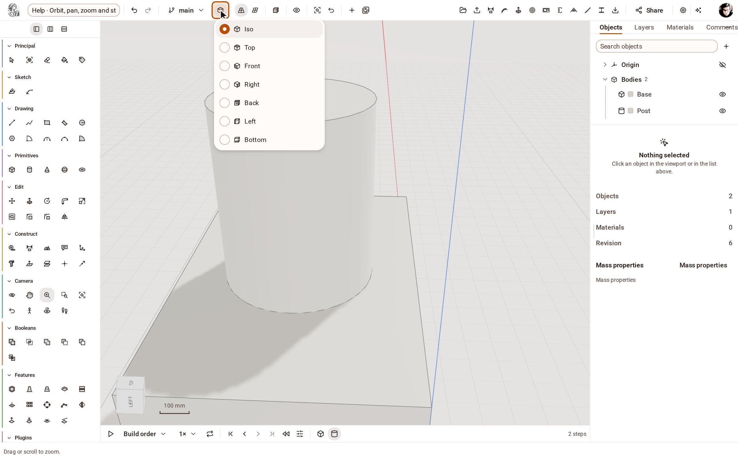 For a standard view, open View on the top bar (the cube). It lists Top, Front, Right, Back, Left, Bottom and Iso.