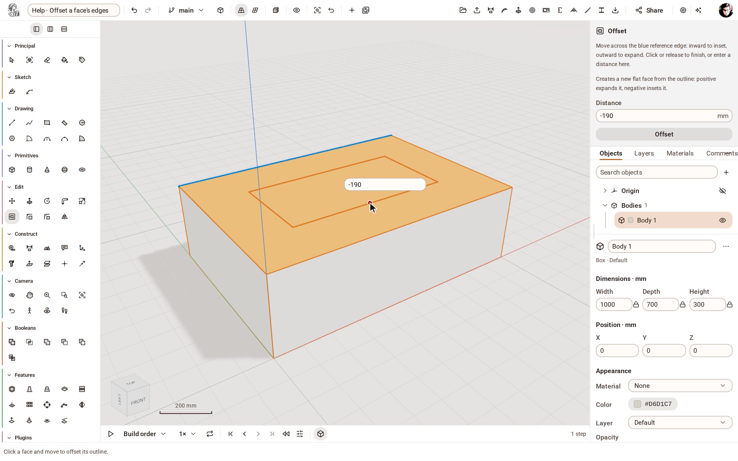 Click the flat face whose outline you want to offset — here the top of the slab — and move the pointer inward. A preview of the new outline follows the pointer.