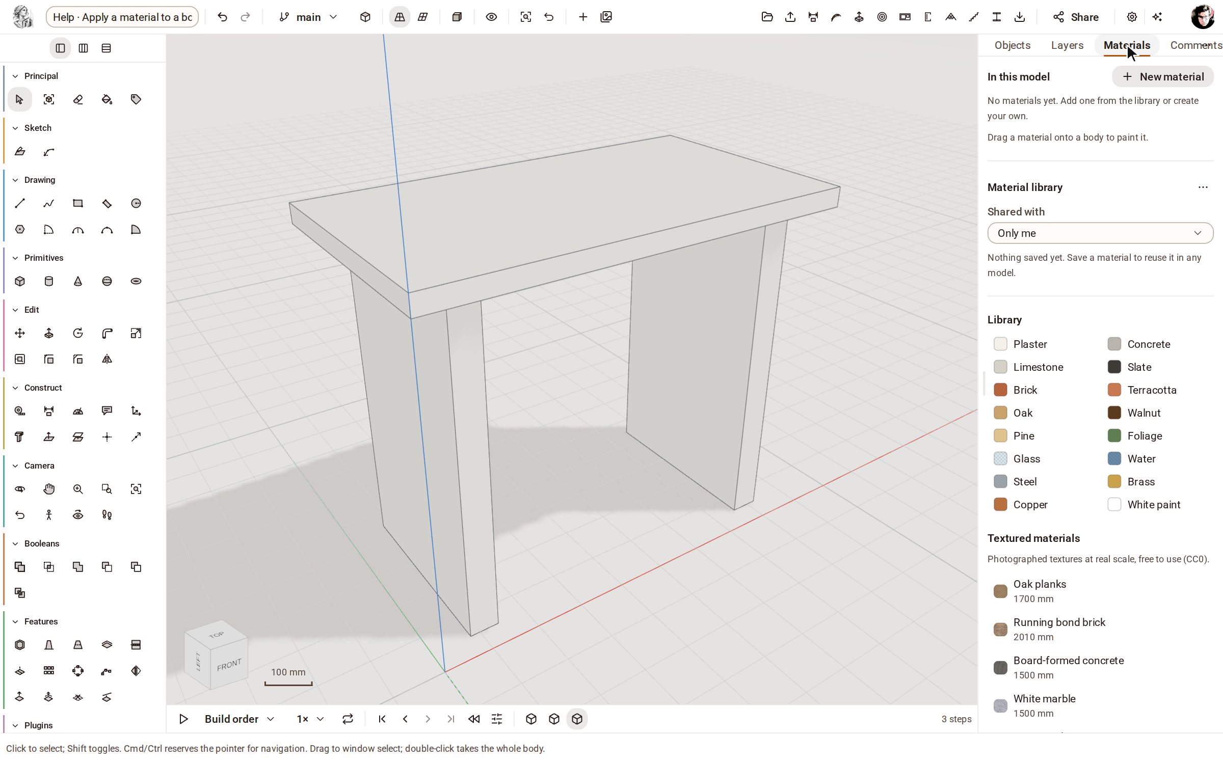 Open the Materials tab of the panel on the right. In this model lists the materials the model wears; the Library below has ready-made ones.