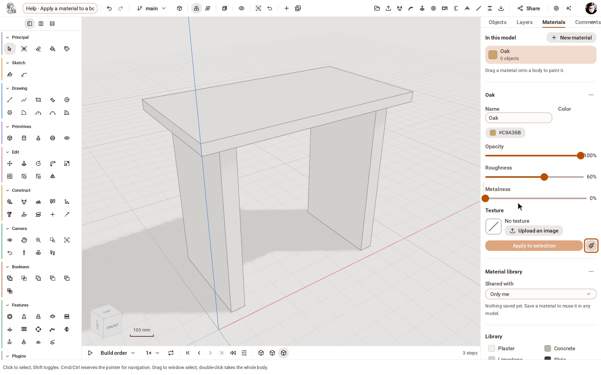 Click Oak in the Library. It is added to the model and opens in the editor, where you can change its colour, opacity, roughness and metalness.
