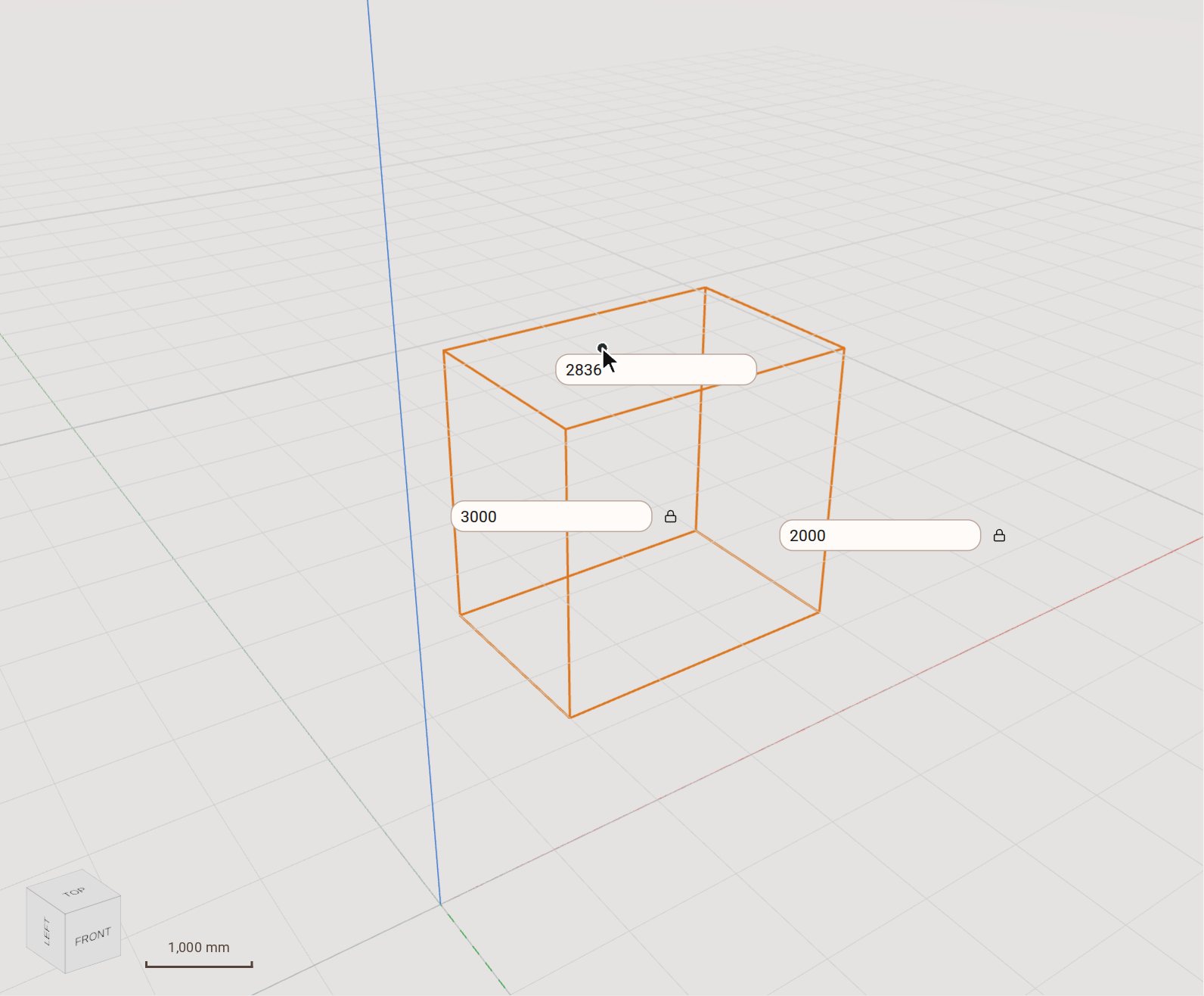 Click a corner on the ground. Type the width, 3000, press Tab, type the depth, 2000, and press Enter; then move the pointer up and the height follows it.