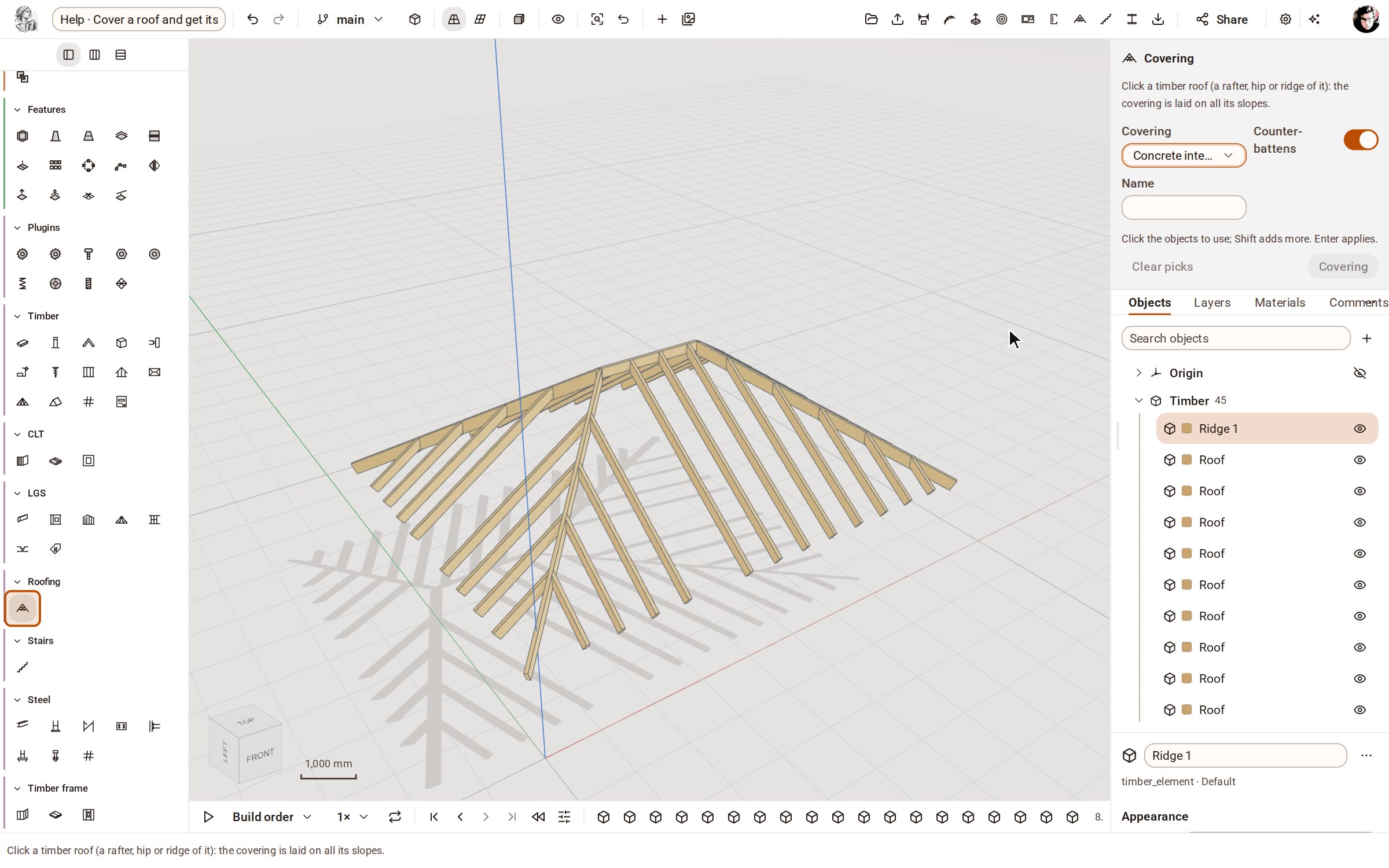 Start from a timber roof — here a hipped roof framed with Roof over a plan. Open the Roofing group on the rail, pick Covering, and choose the covering in the tray.