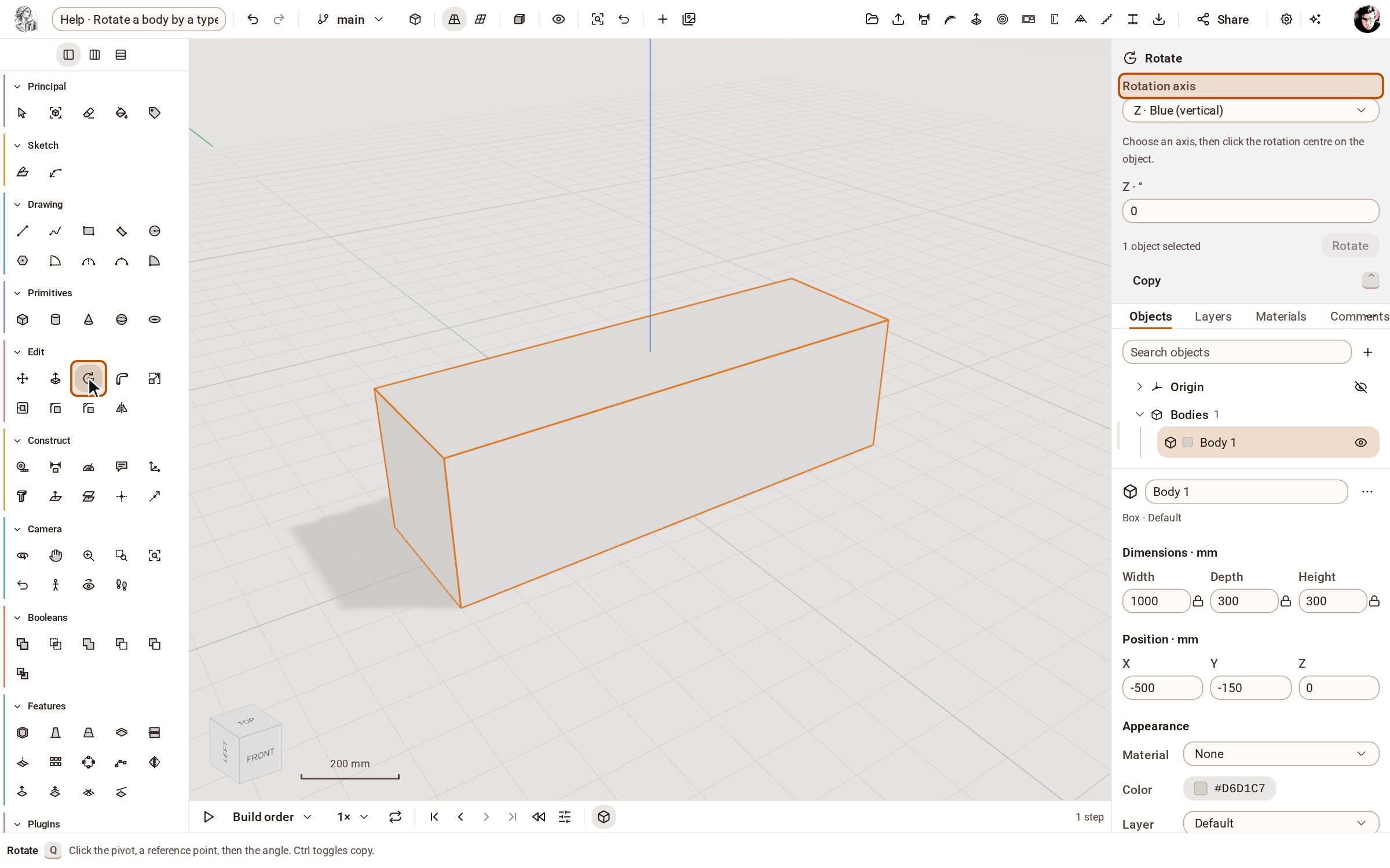 Avec Select, double-cliquez sur le corps pour le sélectionner. Puis choisissez Rotate dans la barre d’outils, ou appuyez sur Q. Le Rotation axis du bandeau d’options démarre sur Z · Blue (vertical).