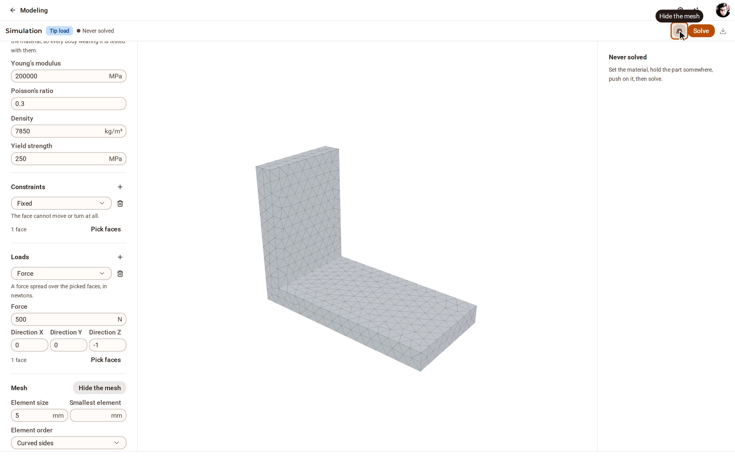 Click Preview the mesh (the grid button beside Solve) to see the elements the part is cut into. Their count and quality are listed under Mesh, further down the setup panel.