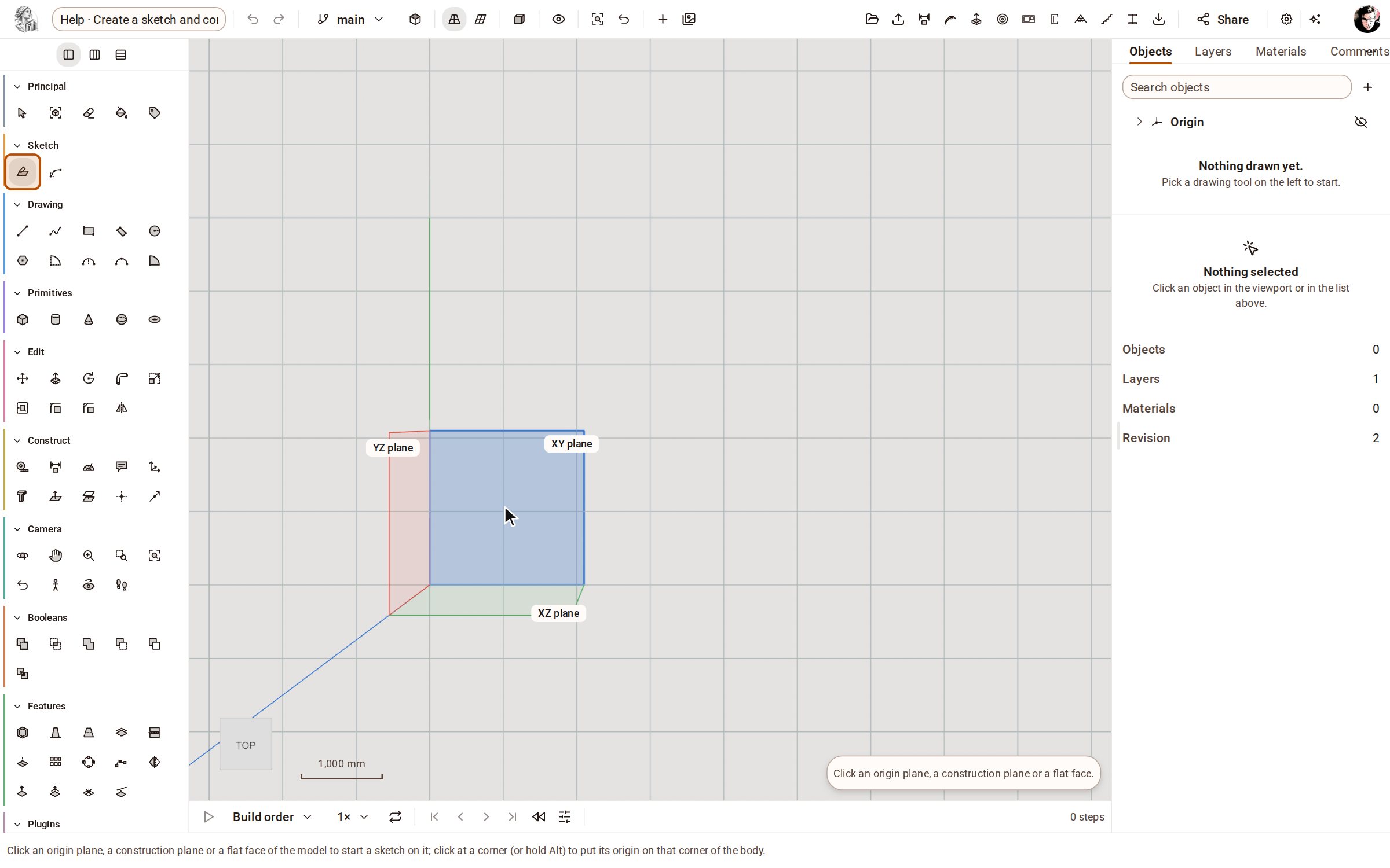 Pick Create Sketch on the rail, or press K. The three origin planes appear; the one under the pointer lights up.
