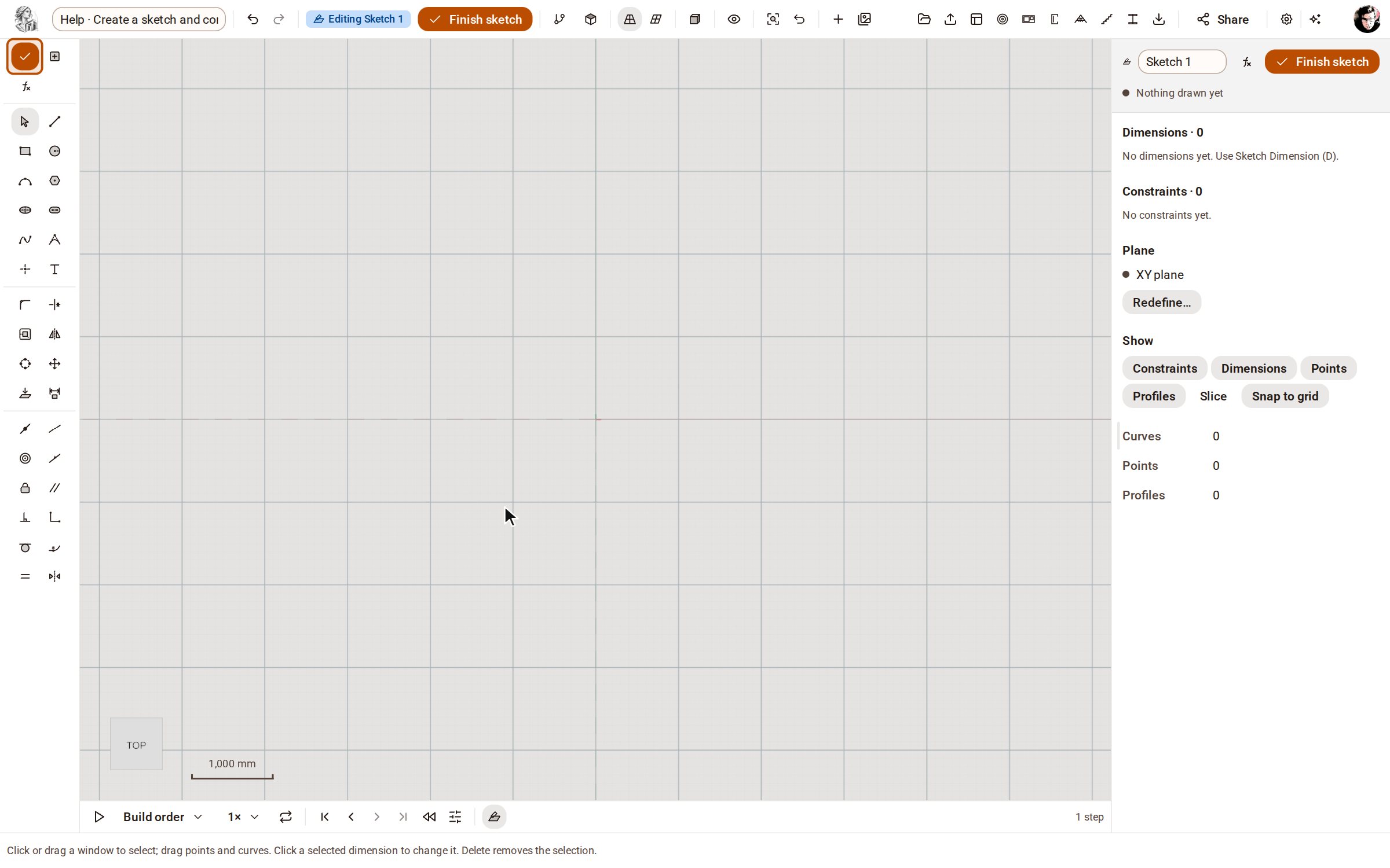 Click the XY plane. The sketch opens: the rail changes to the sketch tools, and the panel on the right lists the sketch's dimensions and constraints.