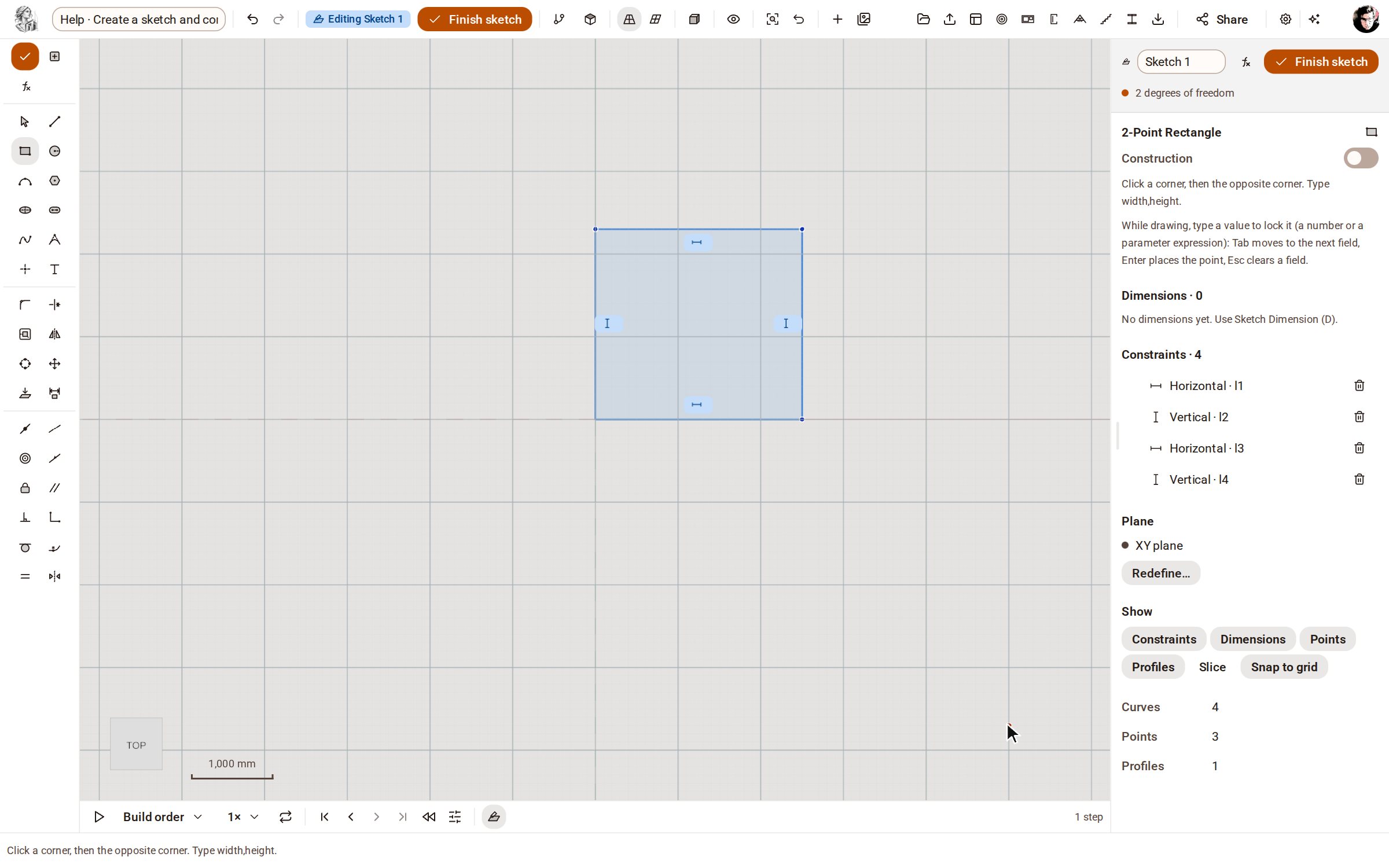 Press R for 2-Point Rectangle, click the origin for the first corner, then click the opposite corner. The rectangle arrives with its own Horizontal and Vertical constraints.
