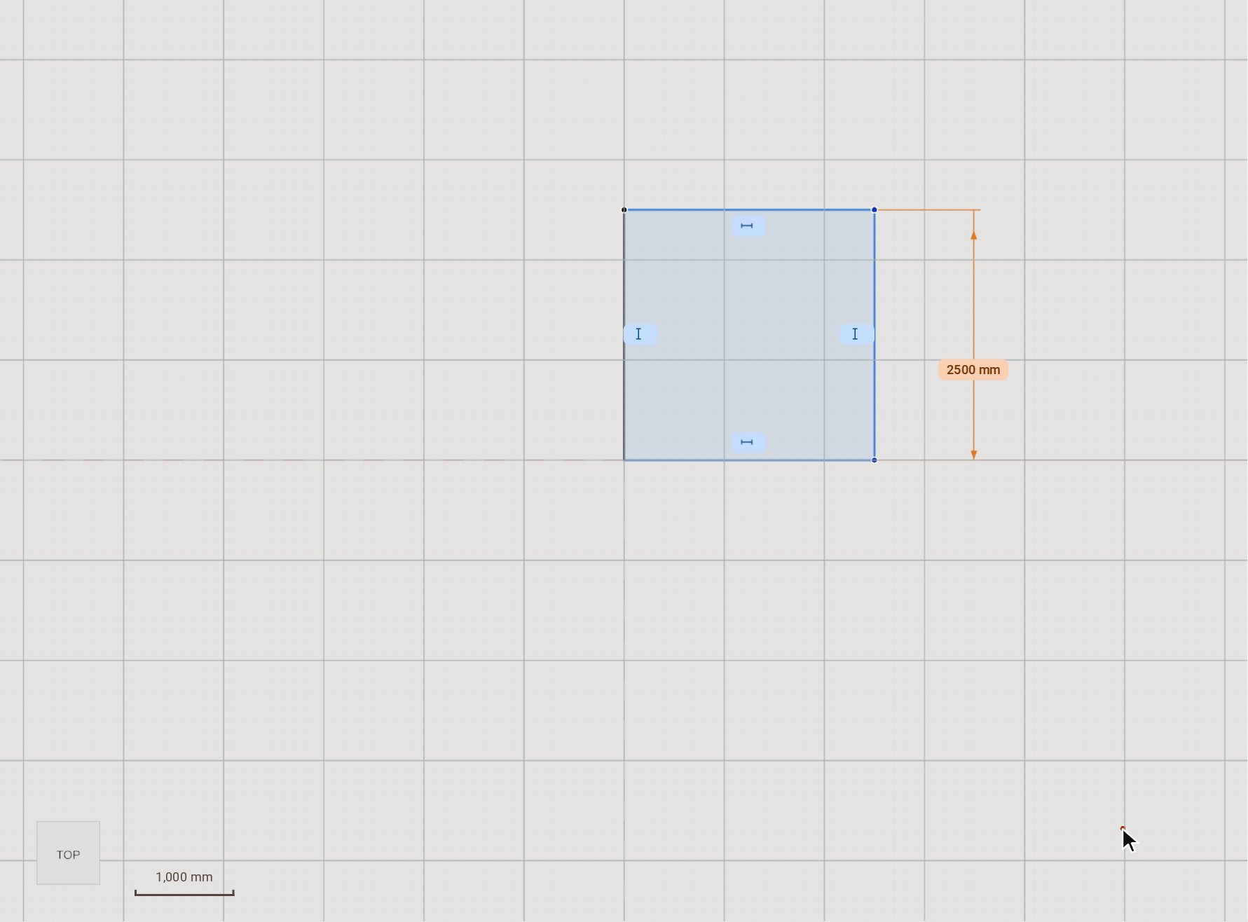 Press D for Sketch Dimension, click the right side, then click beside it to place the dimension. Type 2500 and press Enter: the side takes exactly that length.