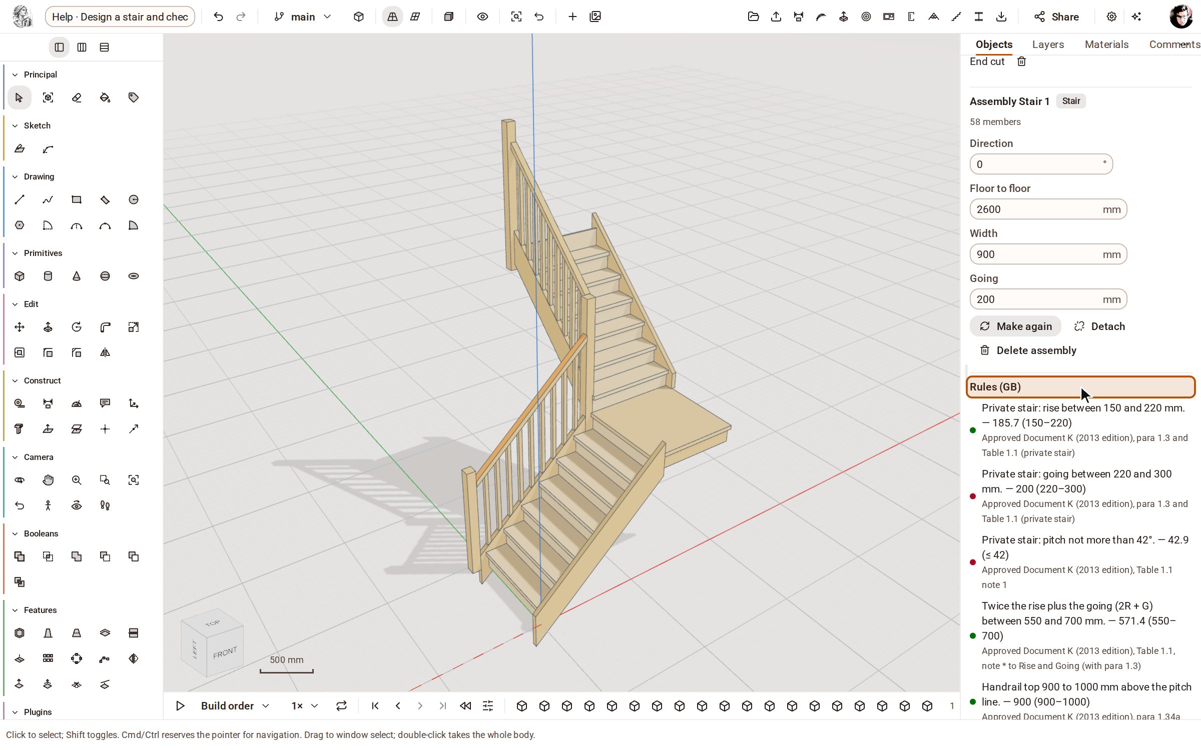 Hier is een kwartslagtrap met een bordes, gemaakt met het gereedschap Stair van de groep Stairs: 2600 mm van vloer tot vloer, 900 mm breed, voor een particuliere woning in het VK. Klik op een willekeurig deel ervan: Entity Info toont de getallen van de trap en, onder Rules (GB), elke regel waaraan hij is getoetst.