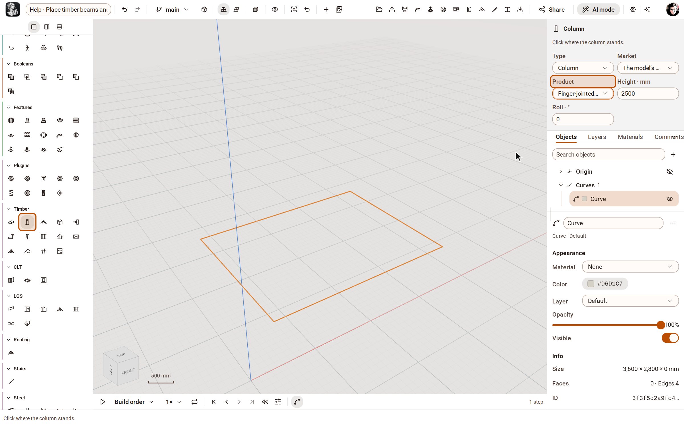 Start from the set-out: a rectangle sketched on the ground through the post centres, 3600 × 2800. Open the Timber group on the rail and pick Column. In the tray, choose a Product — here a KVH post, 140×140 — and leave Height at 2500.