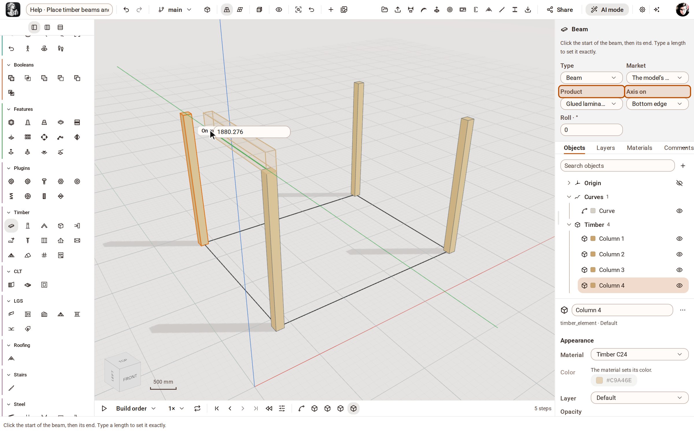 Pick Beam. Choose a glulam Product, 140×280, and set Axis on to Bottom edge so the beam sits on what you click. Click the midpoint of the front-left post's front top edge, then move towards the back post: the beam follows the pointer, held on the axis.