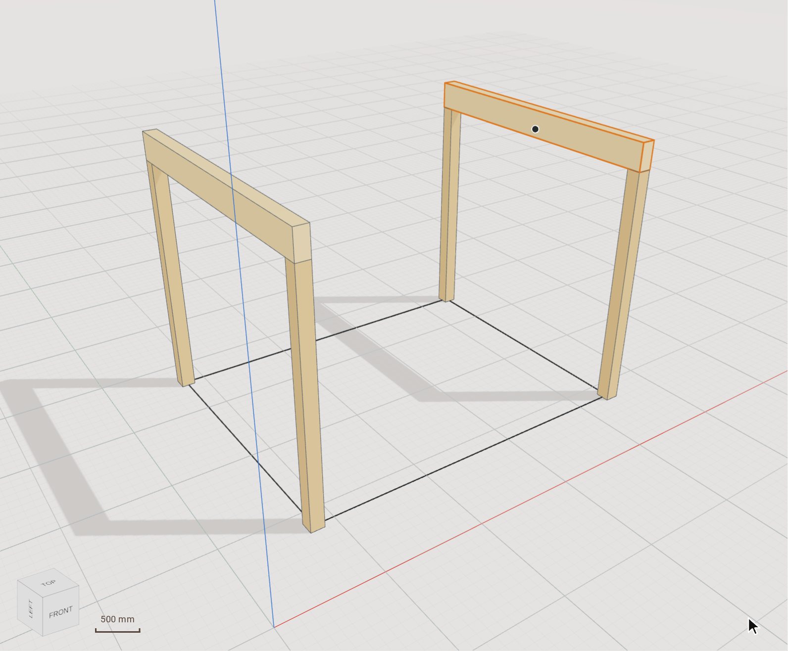 Type 2940 and press Enter: the beam runs from the front face of the front post to the back face of the back one. Draw the right-hand beam the same way.