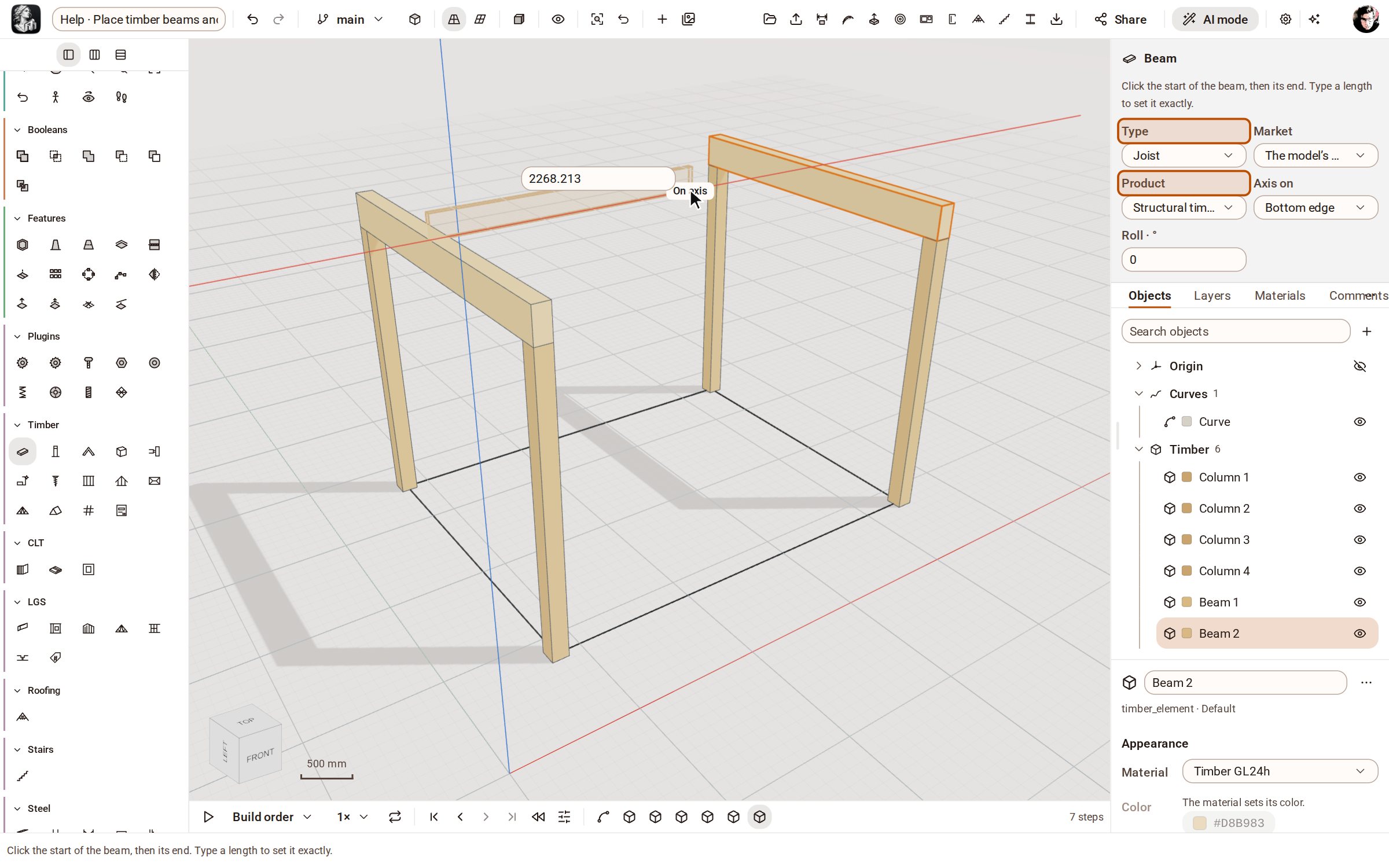 Now the joists across the beams. Still in Beam, set Type to Joist and choose a planed C24 joist, 45×195. Click the midpoint of the left beam's outer top edge and move across to the right beam.