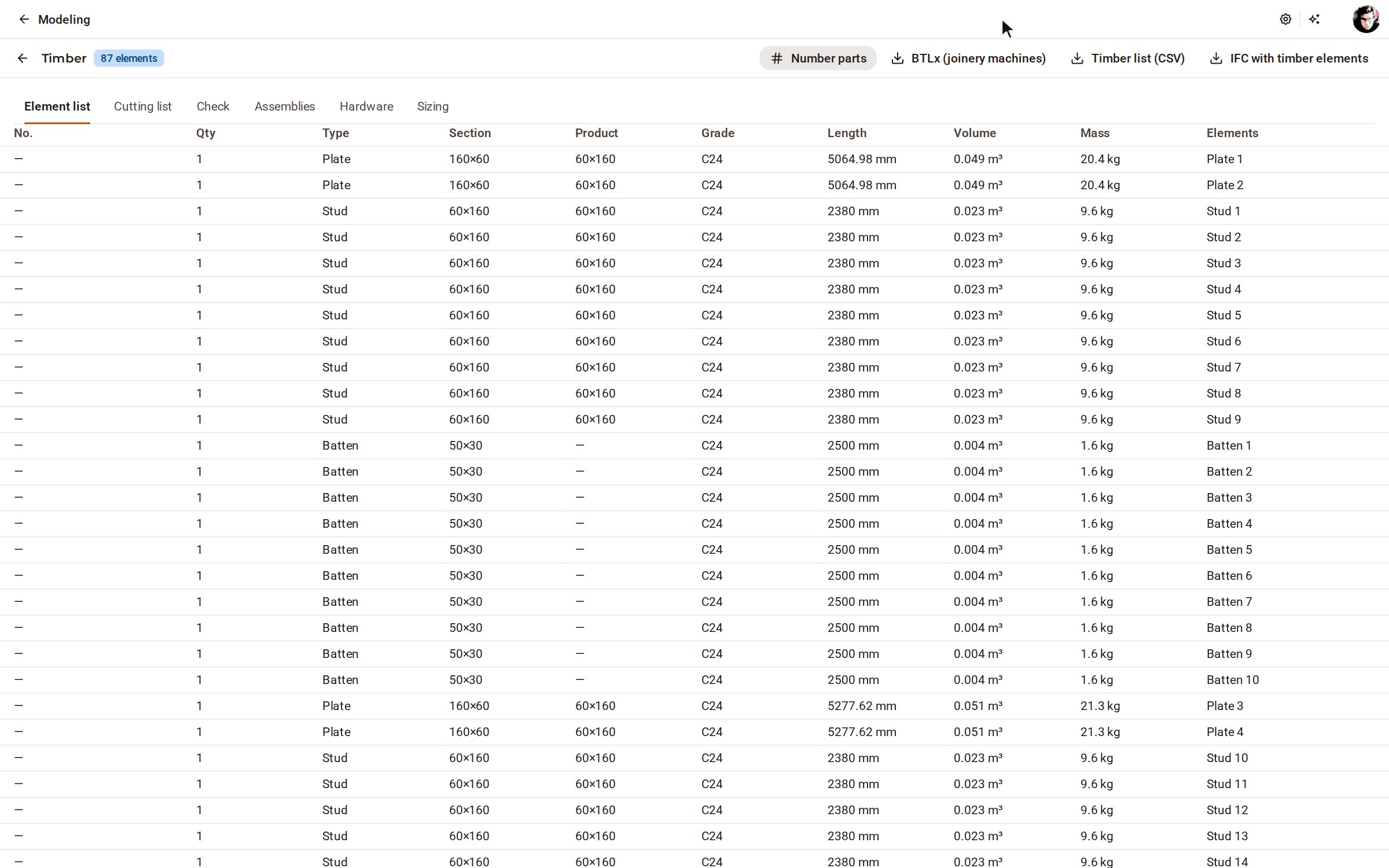 Open Timber lists on the top bar: every stud, plate and board of the walls is in the element list and the cutting list.