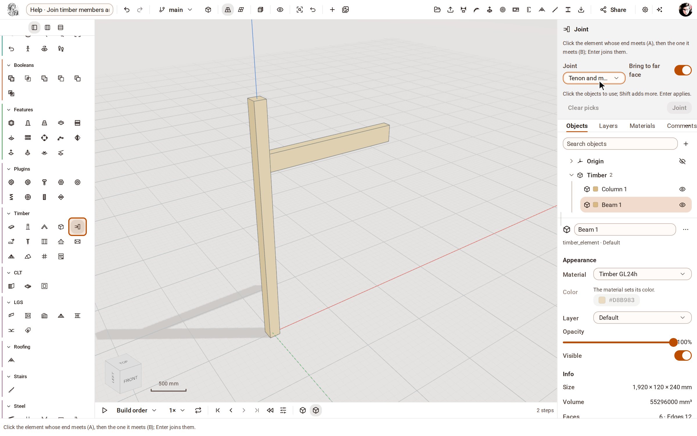 Start from the two members to join — here a glulam post and a beam that ends against it. Open the Timber group on the rail, pick Joint, and choose Tenon and mortise in the tray's Joint list.