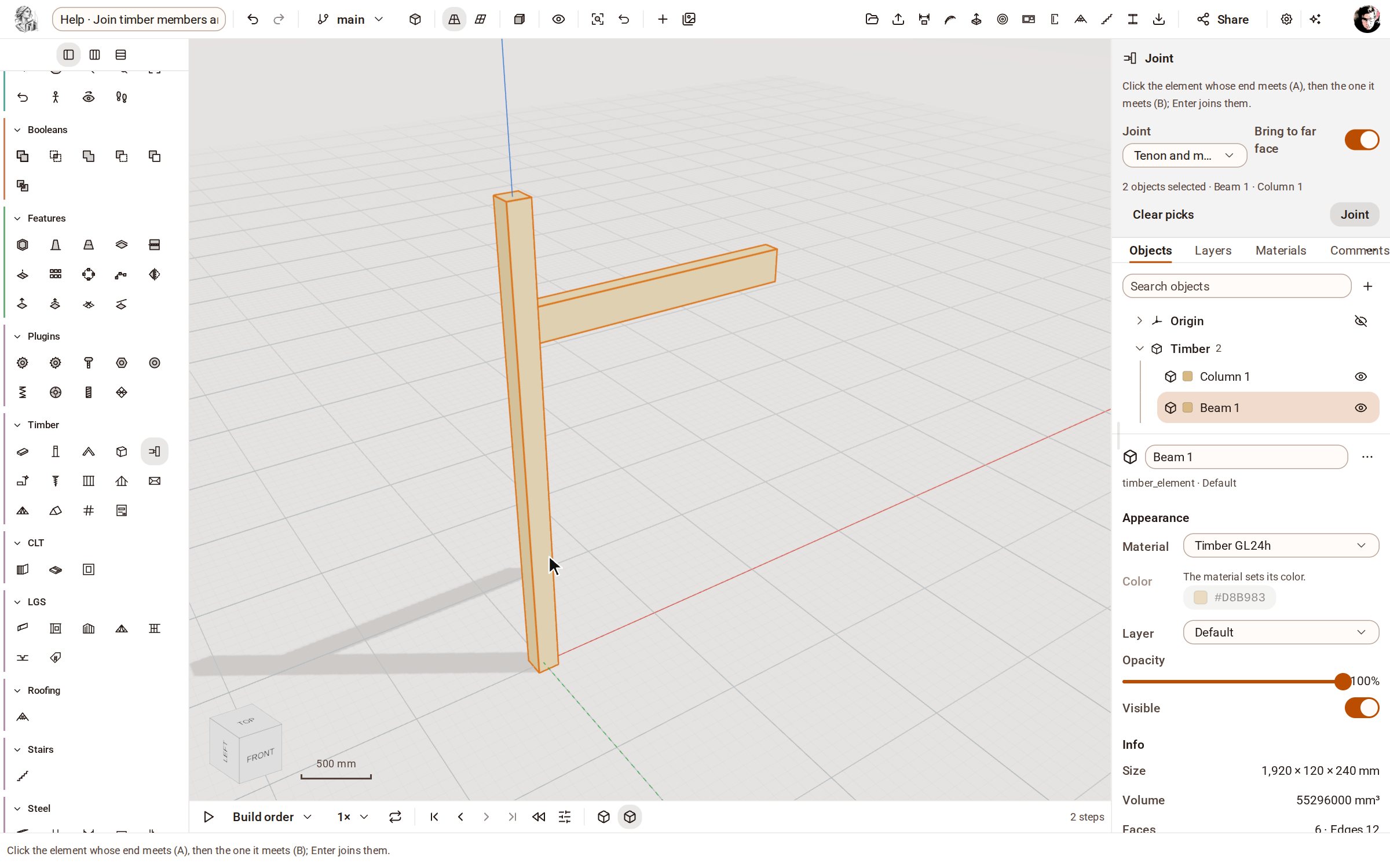 Click the member whose end meets the other (A, the beam), then the one it meets (B, the post).