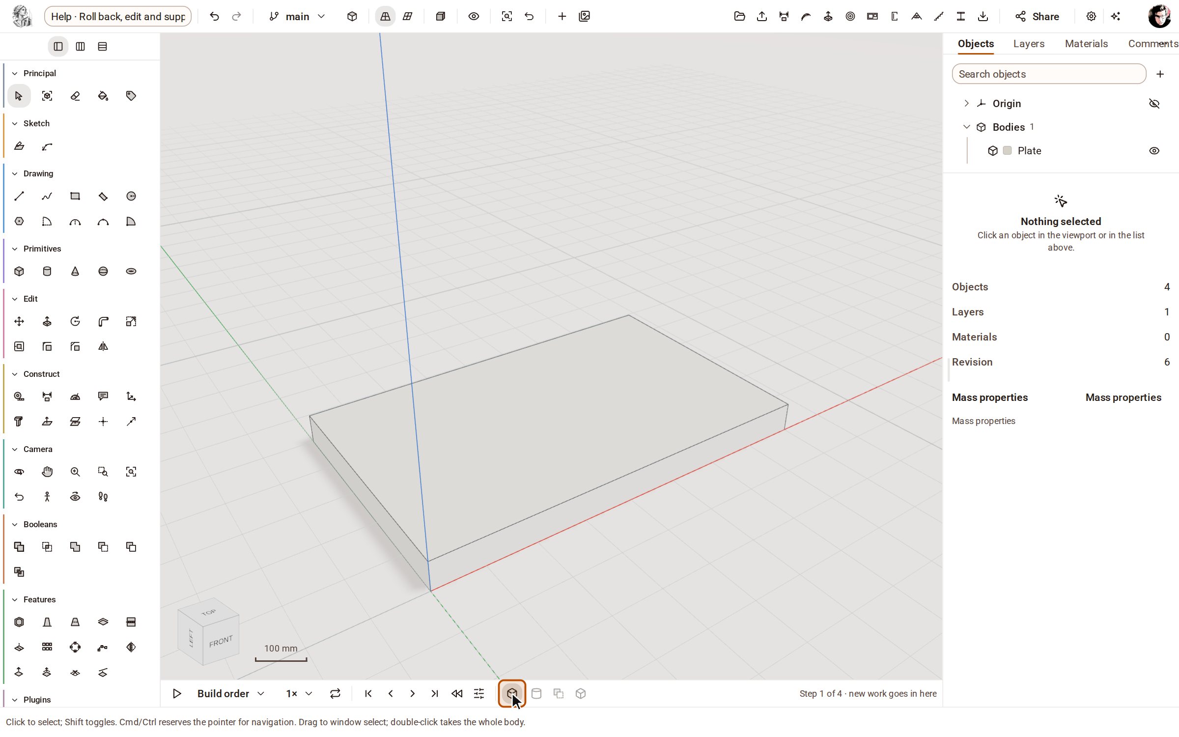 Each button on the timeline is one step, oldest on the left. Click a step — here 1. Plate — to roll the model back to it. Later steps fade, and anything you make now goes in at that point.