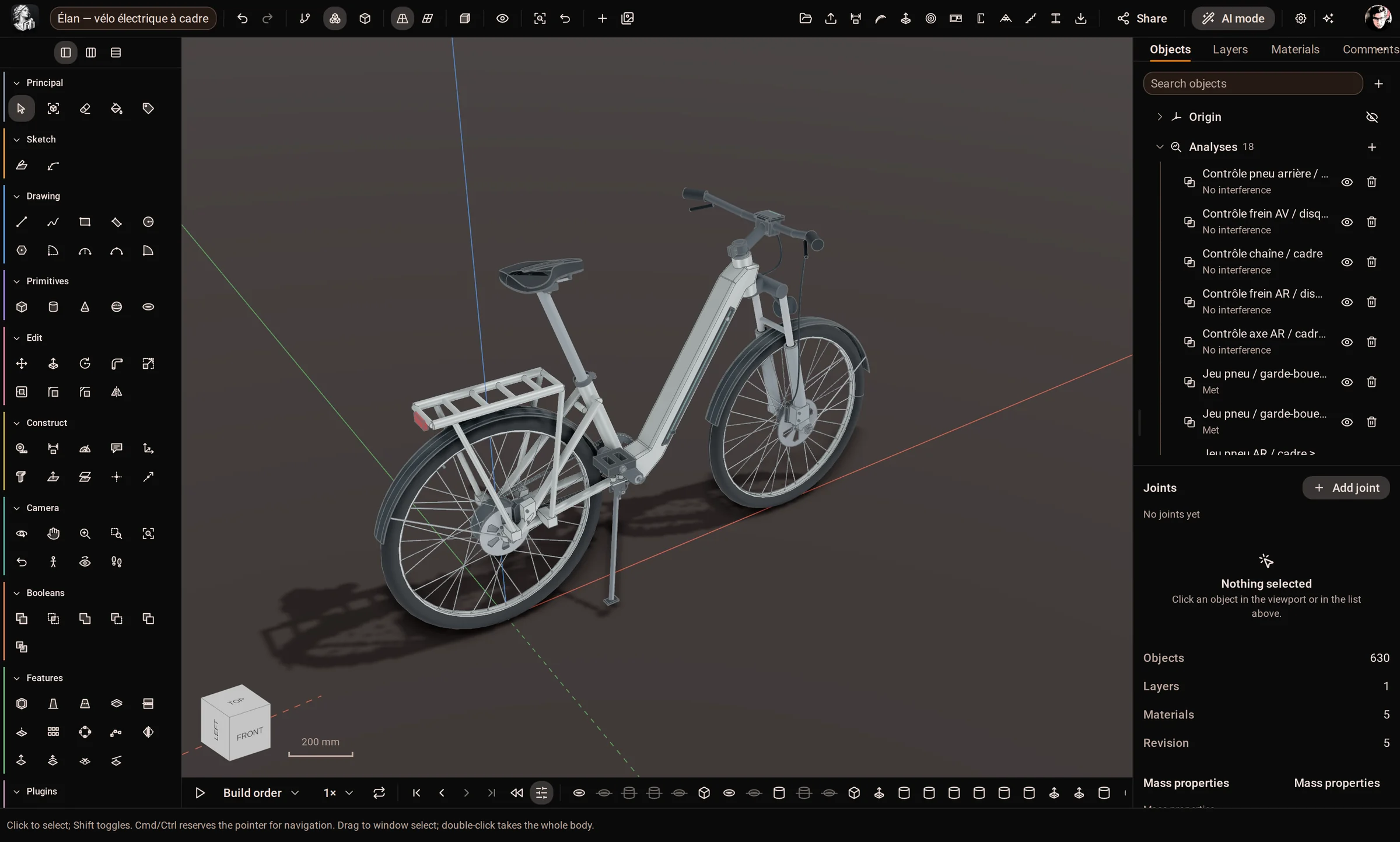An electric bike open in Kozorosa: the tool rail on the left, the bike in the 3D view, and its eighteen interference and clearance analyses in the browser on the right.