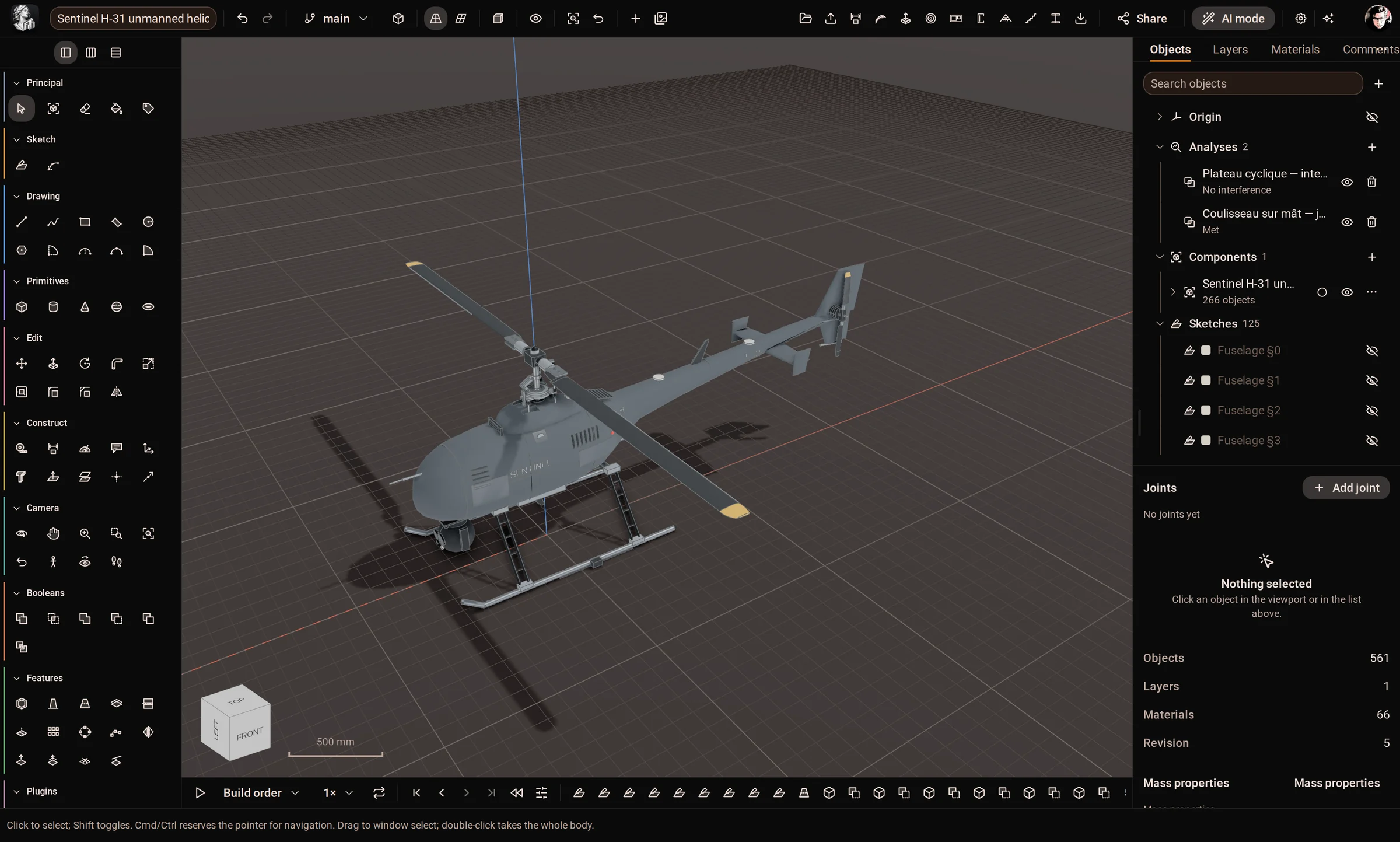The Kozorosa workspace with an unmanned helicopter open: tool rail, 3D view, browser and inspector, and the parametric timeline.
