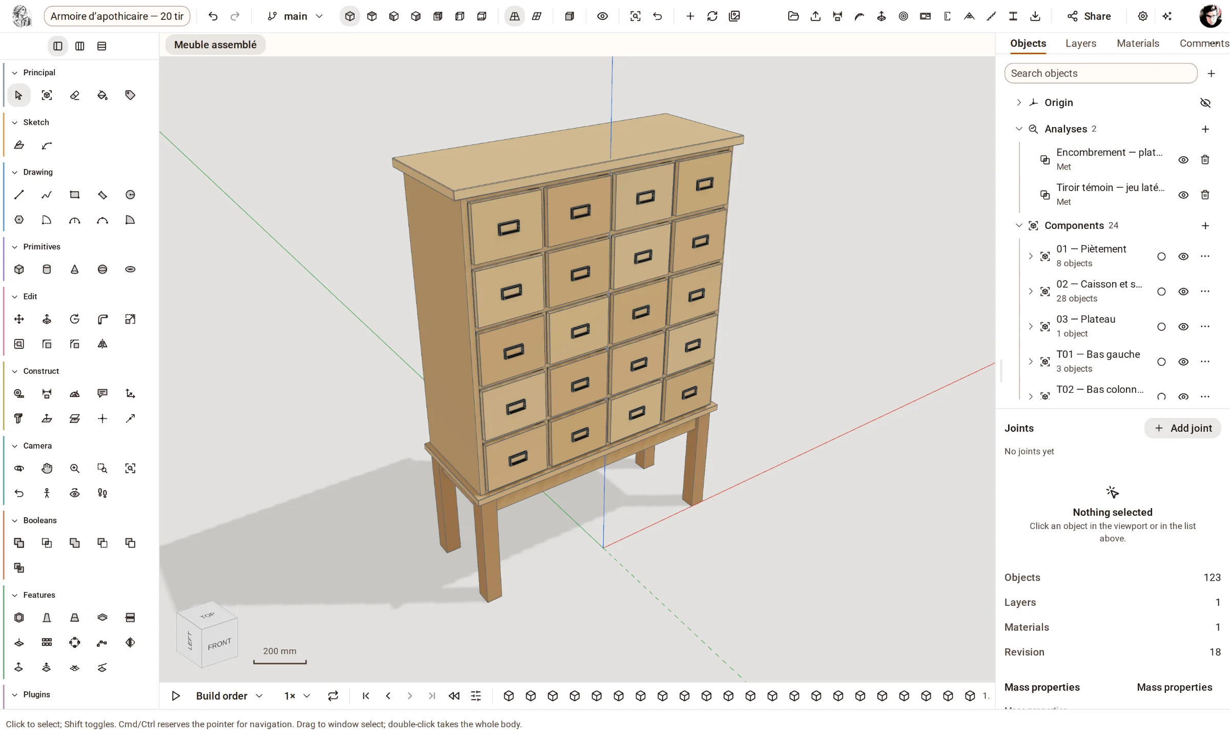 An apothecary cabinet — twenty drawers as components, an envelope check and a drawer clearance check.