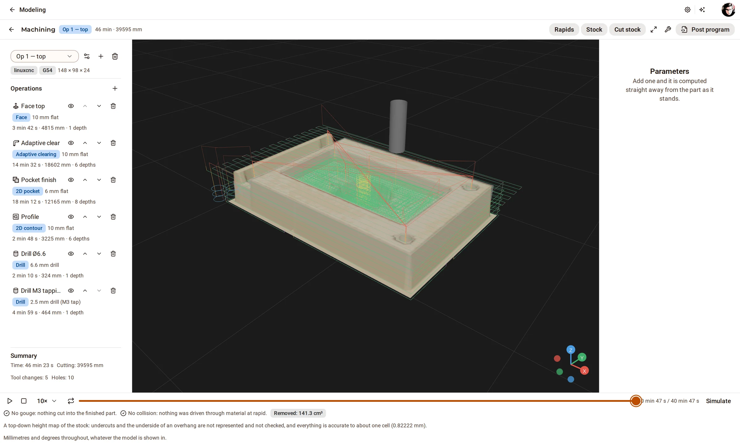 CAM — facing, adaptive clearing, a finished pocket, a tabbed profile and two drilling cycles — simulated by material removal.