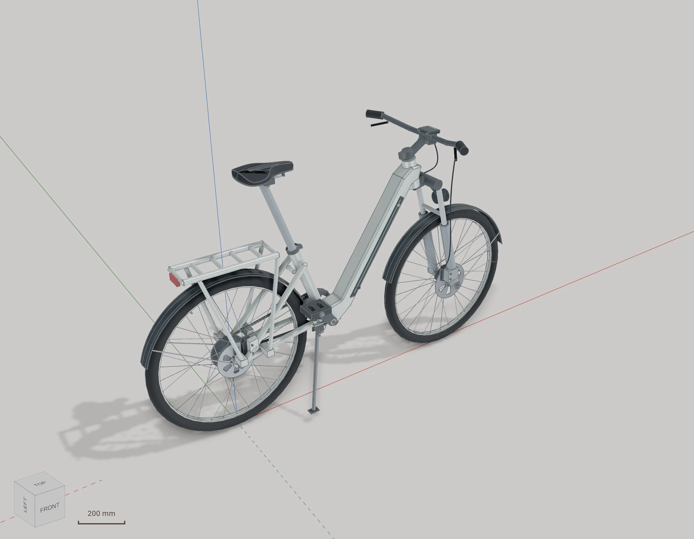 An electric bike in twelve components: frame, fork, wheels, brakes, motor and battery.