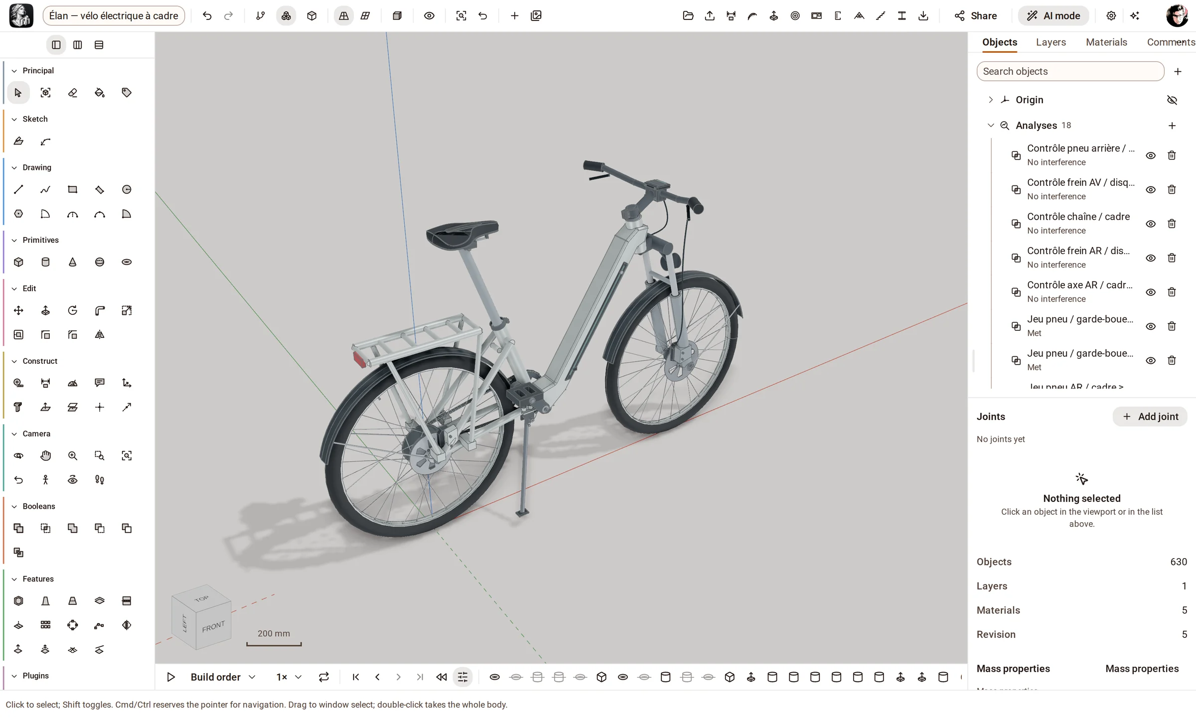An electric bike with an open frame — twelve components, eighteen interference and clearance analyses and four stress studies.